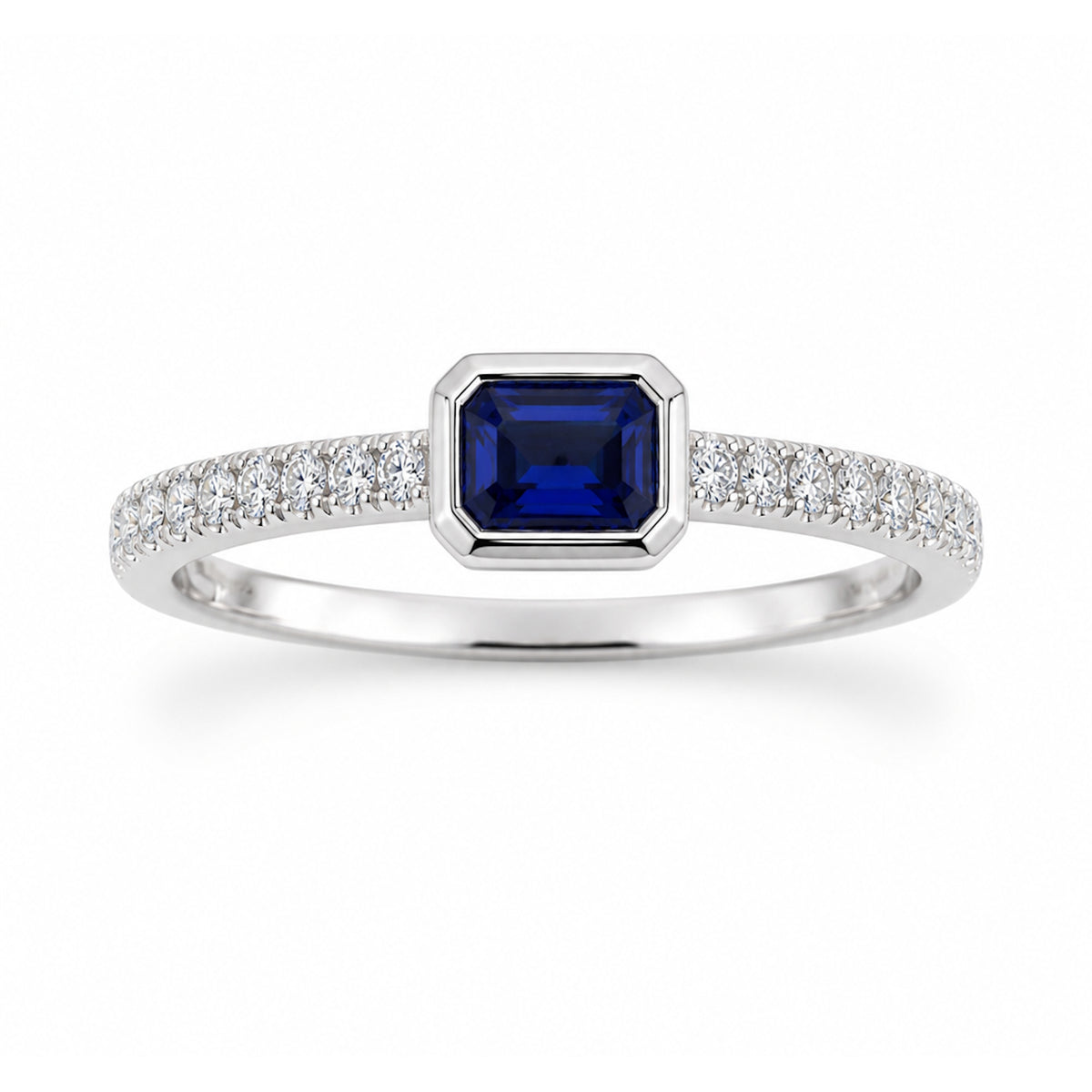 14k White Gold Rectangle Bezel LG Diamonds & LG Sapphire Ring