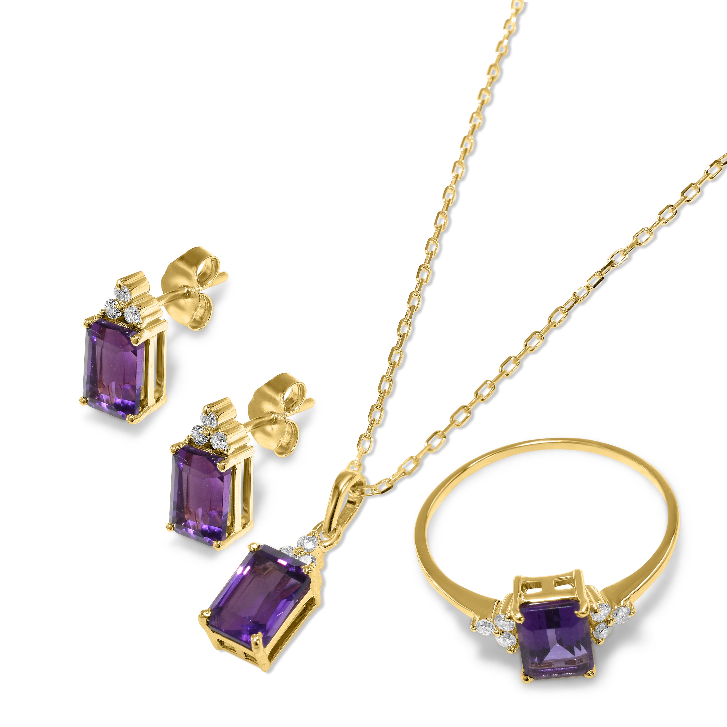 14k Rectangle Amethyst Diamond Set