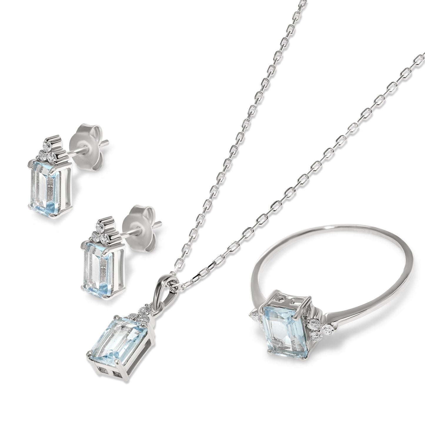 14k White Gold Aquamarine Diamond Rectangle Shape Set