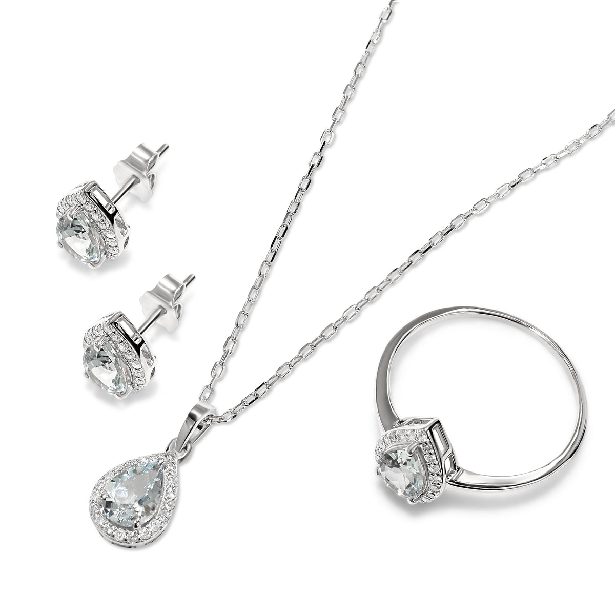 14k White Gold Aquamarine Diamond Pear Shape Set