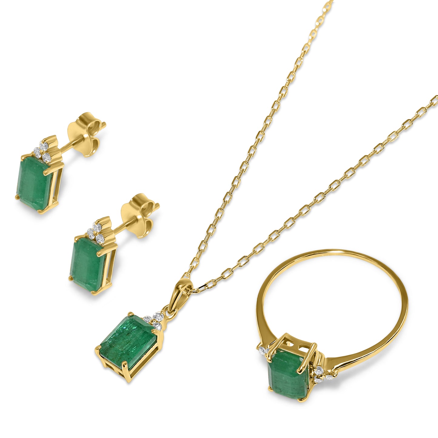 14k Emerald Diamond Rectangle Shape Set