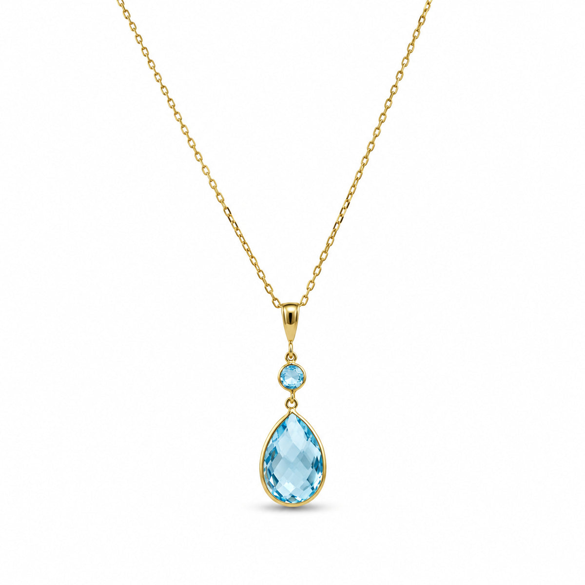 14k Blue Topaz Pear and Round Shape Bezel Necklace