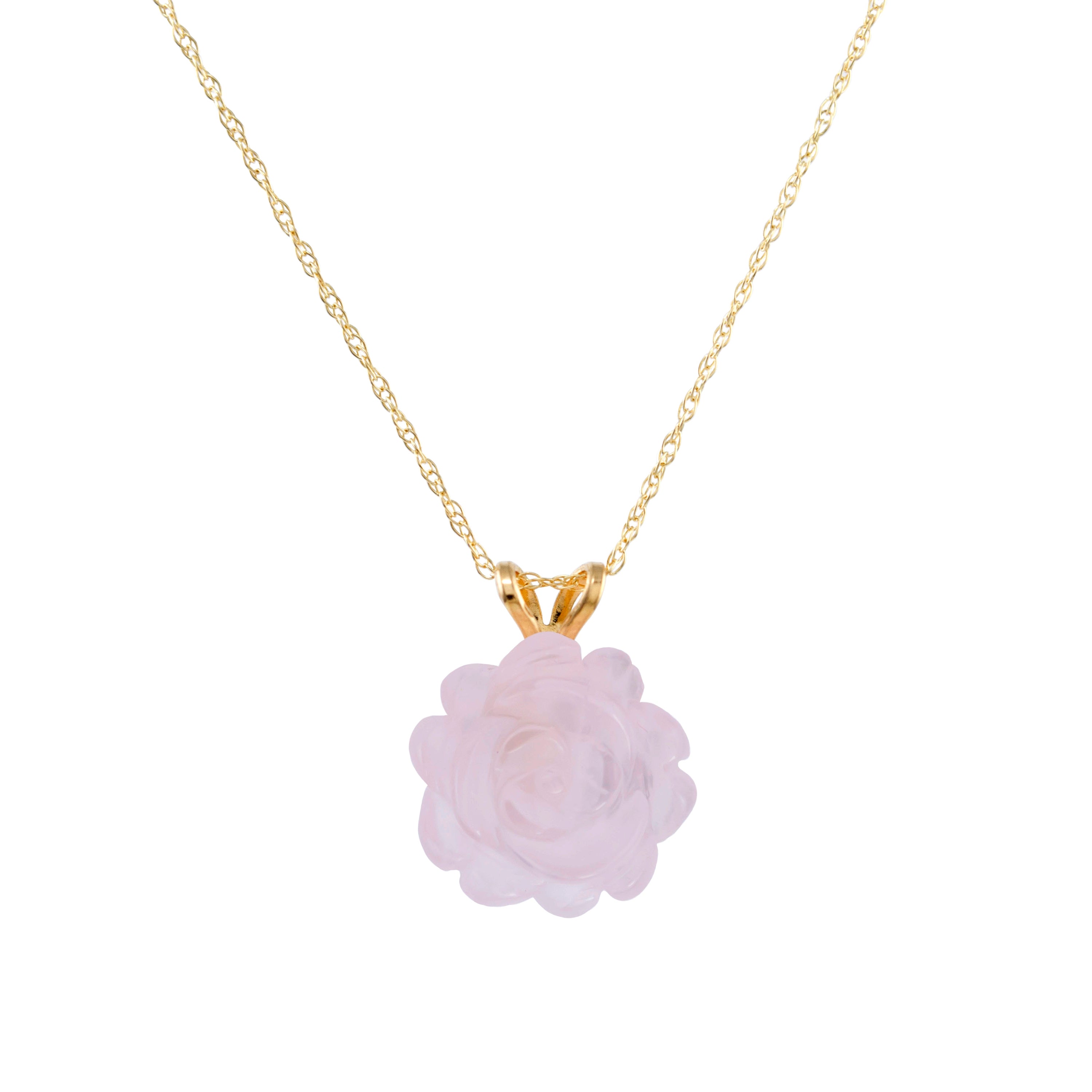 14k Rose Quartz Carved Flower Necklace
