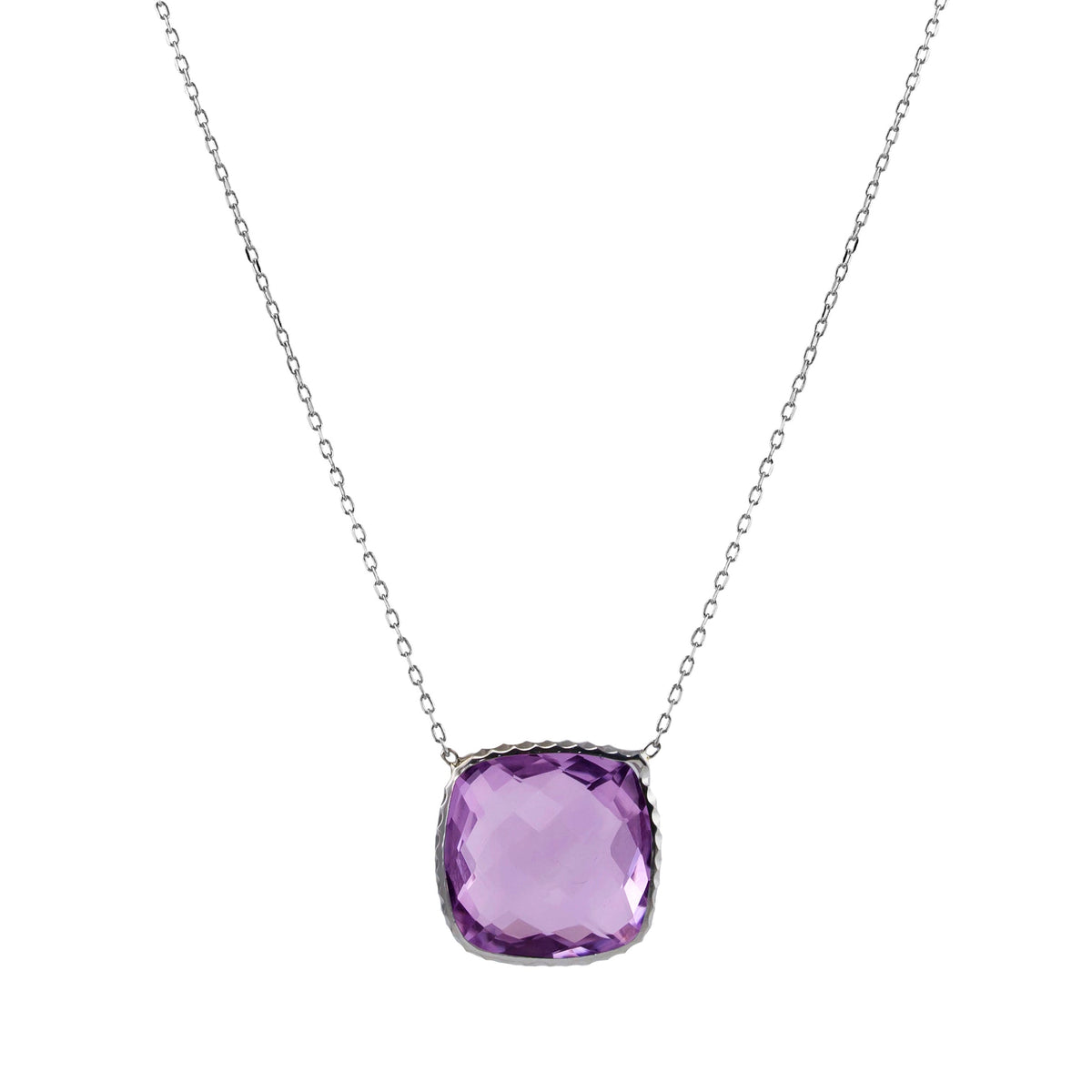 14k White Gold Cushion Bezel Pink Amethyst Necklace