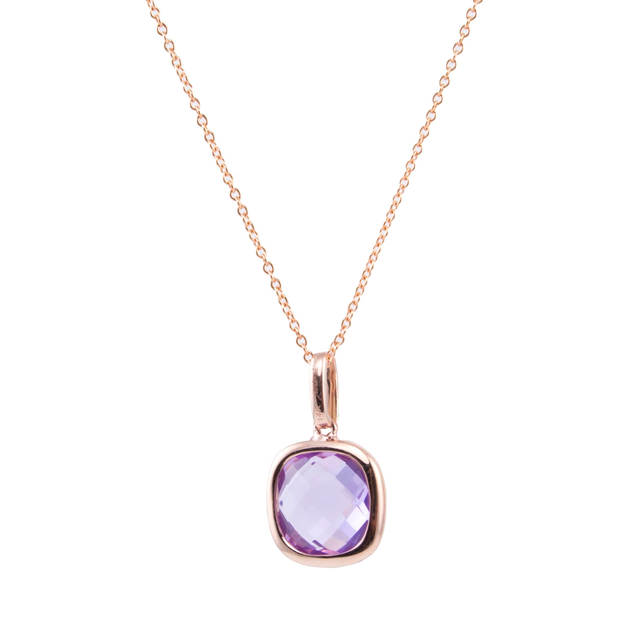 14k Rose Gold Amethyst Cushion Bezel Pendant Necklace