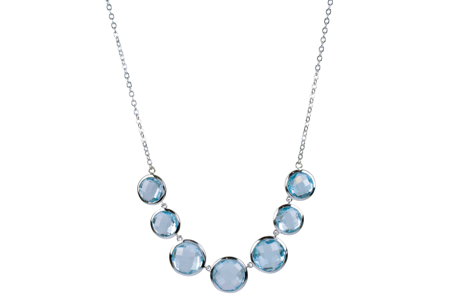 14k White Gold Blue Topaz 7 Round Bezel Necklace