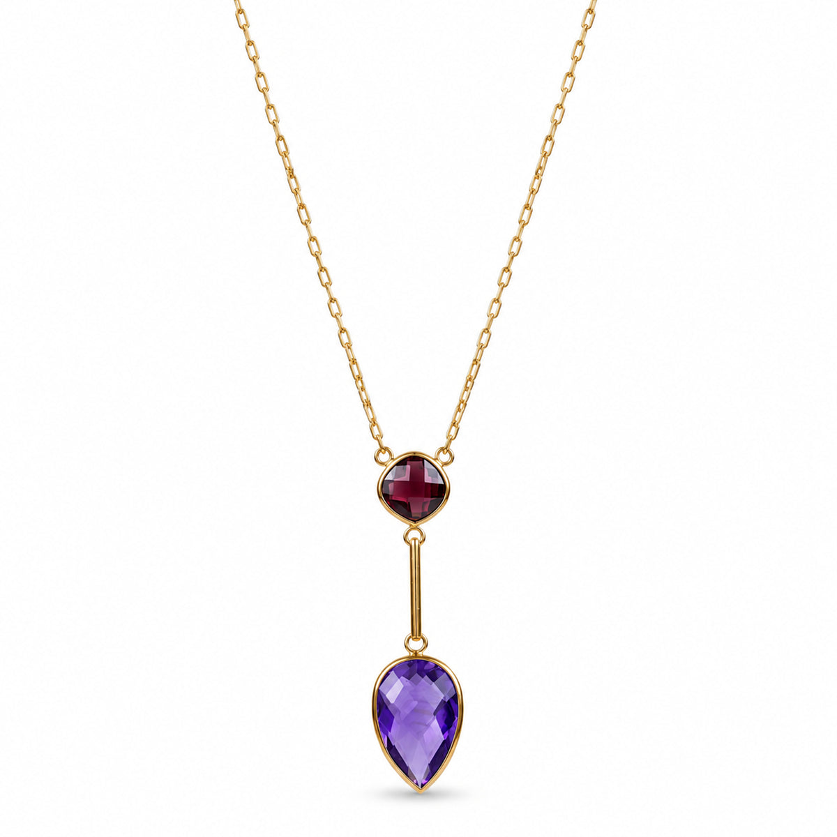 14k Garnet Amethyst Drop Bezel Gold Bar Necklace