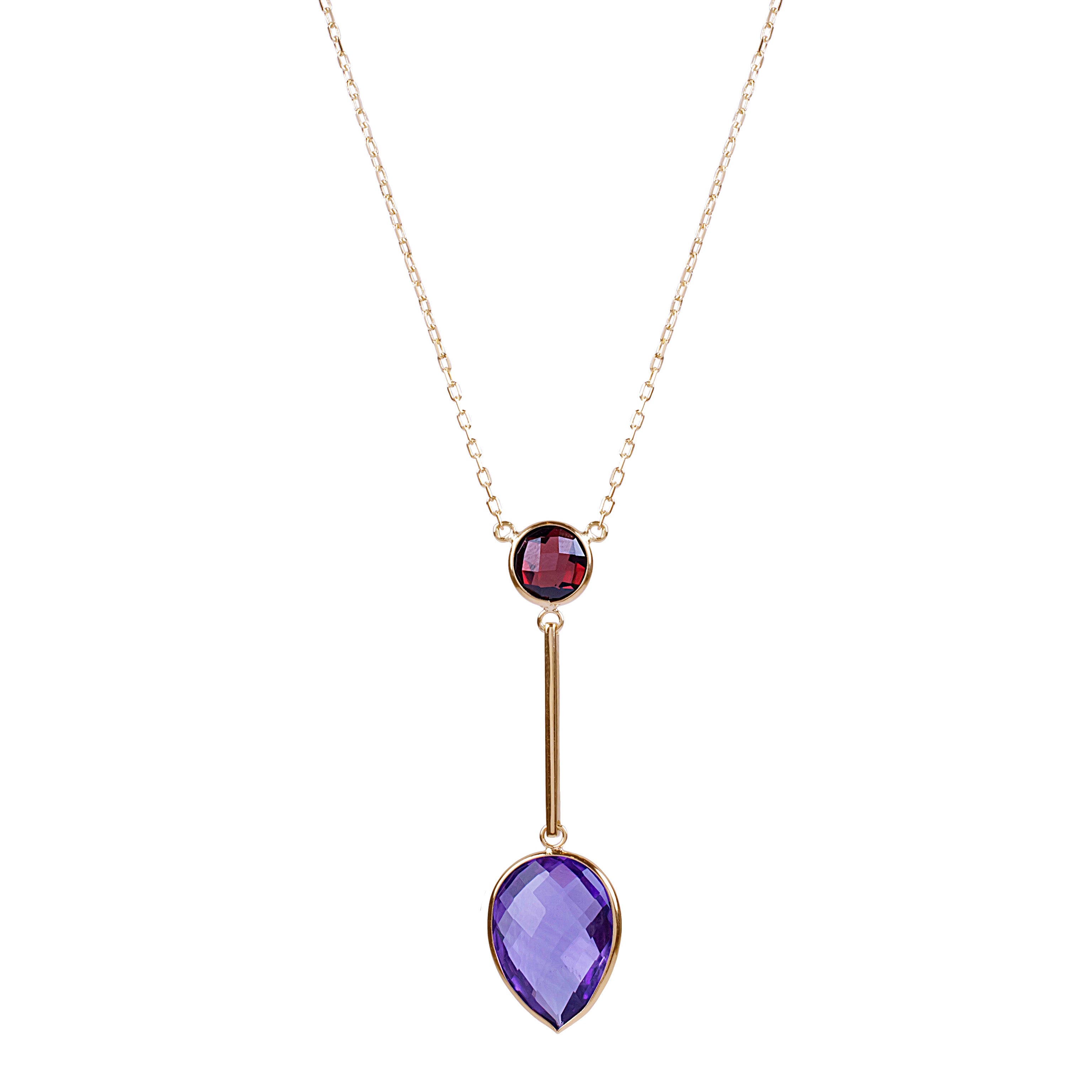 14k Garnet Amethyst Bezel Gold Bar Necklace