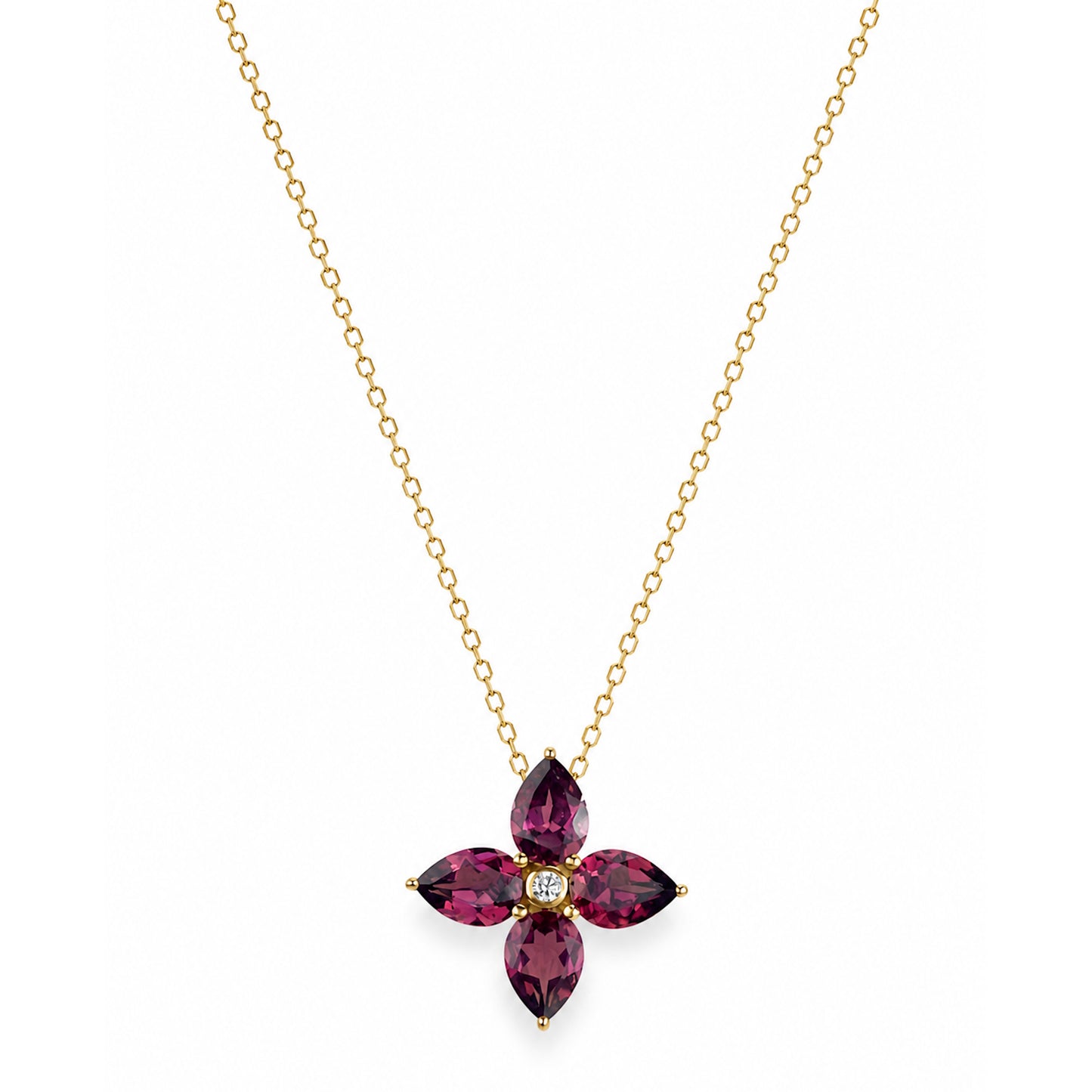 14k Rhodolite Garnet Diamond Flower Pendant Necklace
