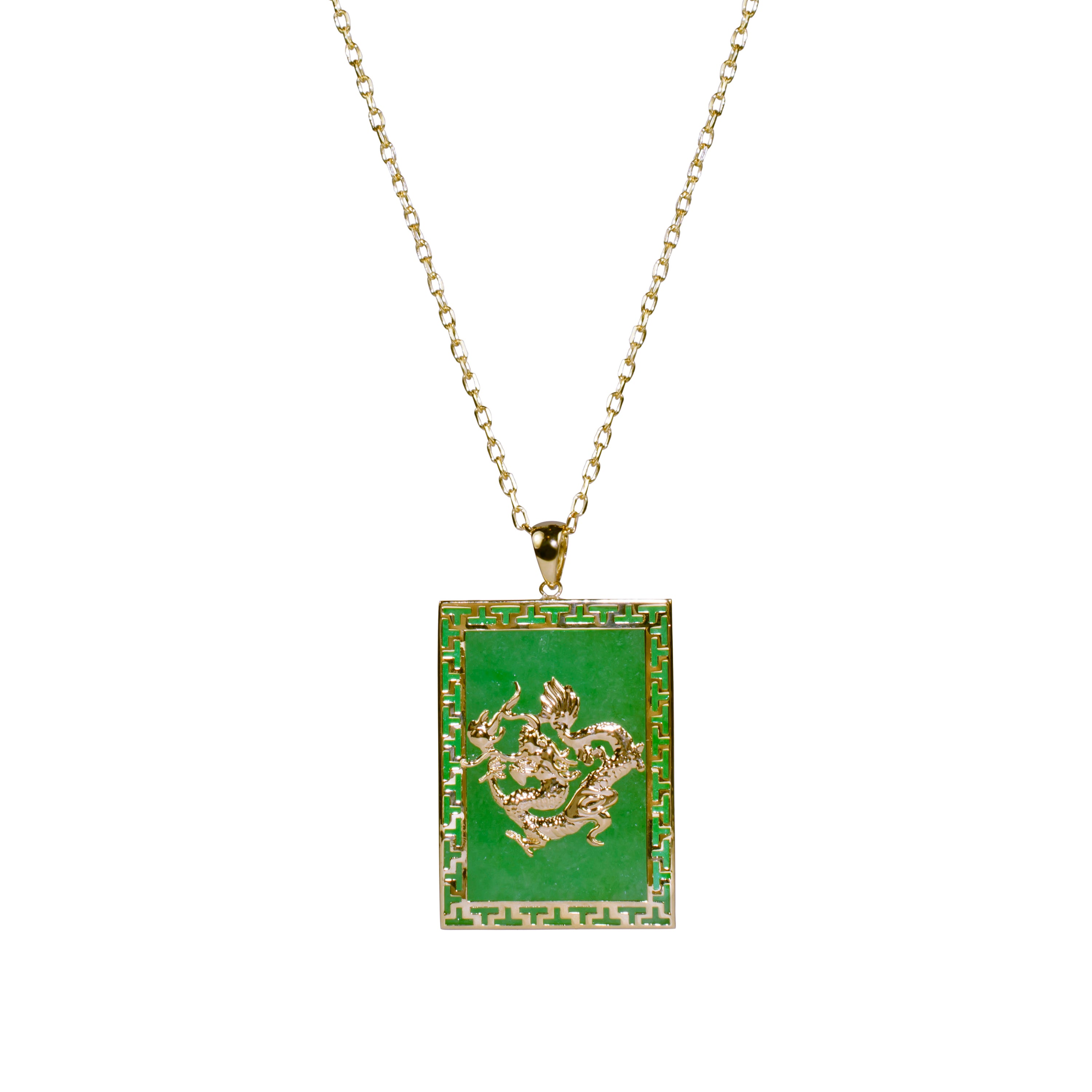 14k Dyed Green Jade Gold Dragon Rectangle Pendant Necklace 18"