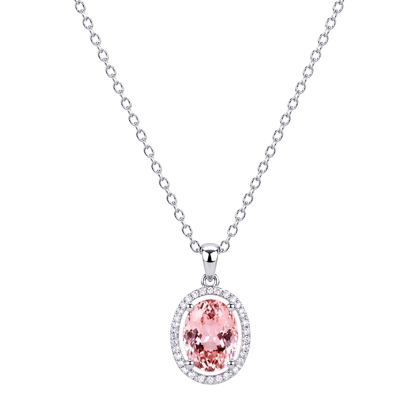 18k White Gold Diamond And Morganite Halo Pendant Necklace