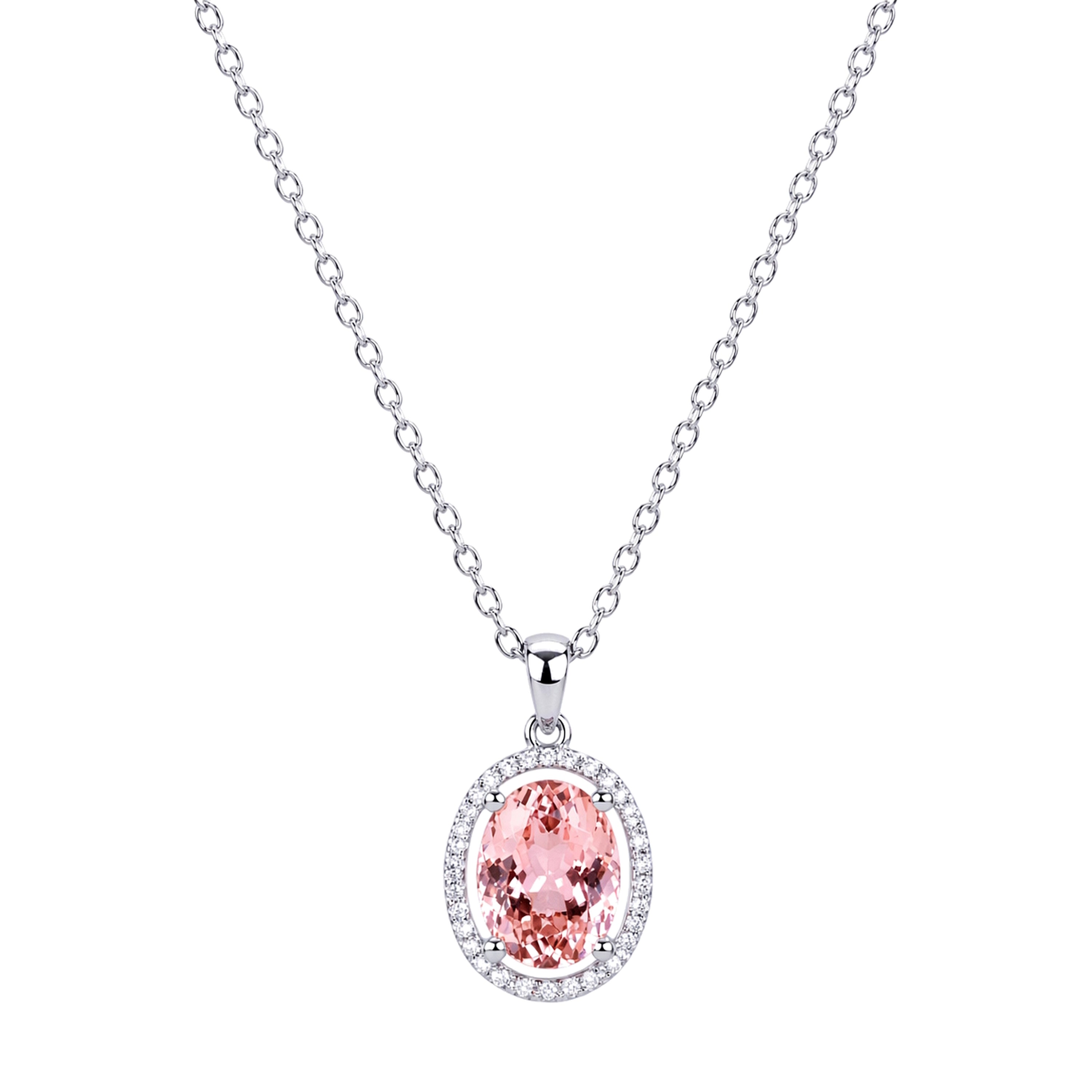 18k White Gold Diamond And Morganite Halo Pendant Necklace