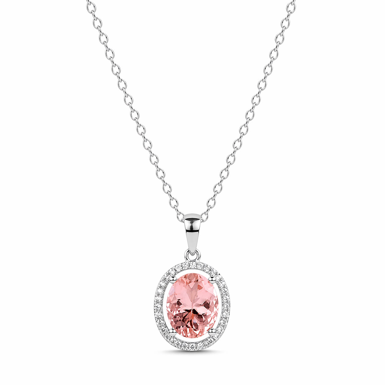 14k White Gold Morganite & Diamond Halo Pendant Necklace