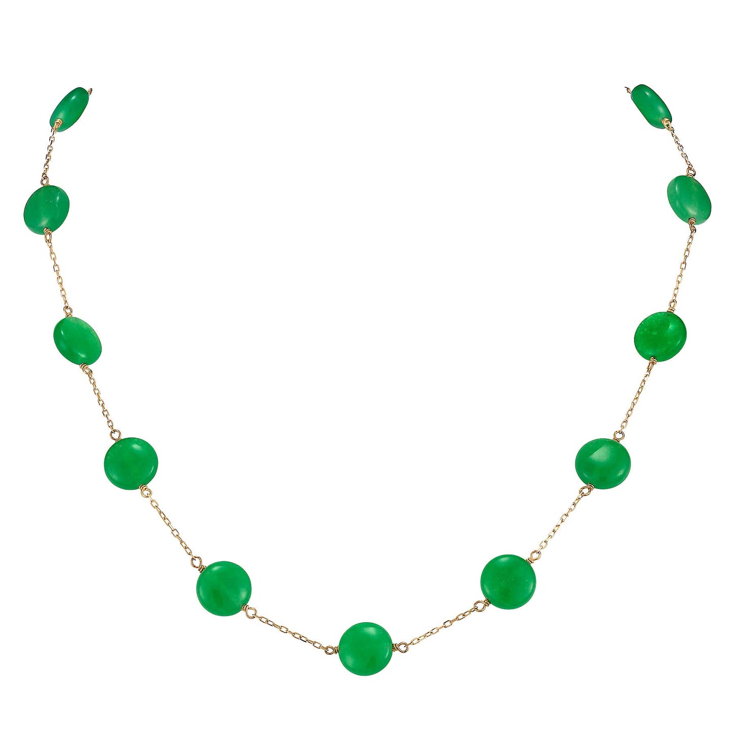 14K Green Jade Coin 11 Station Necklace 17"