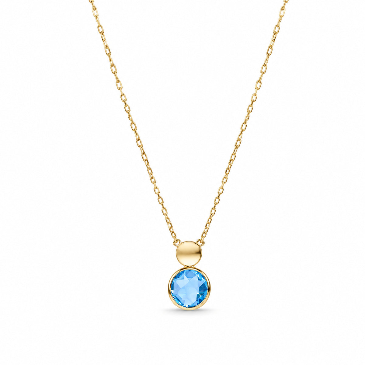 14k Blue Topaz Bezel Satin Gold Concave Pendant Necklace