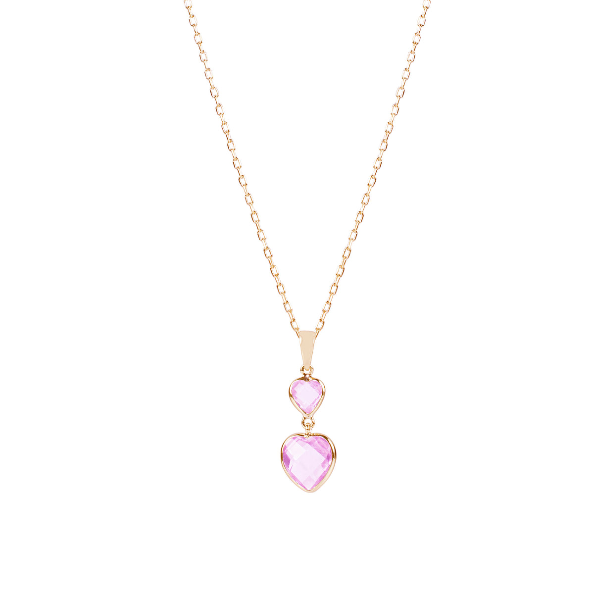 14k Pink Amethyst Double Heart Bezel Set Pend Necklace