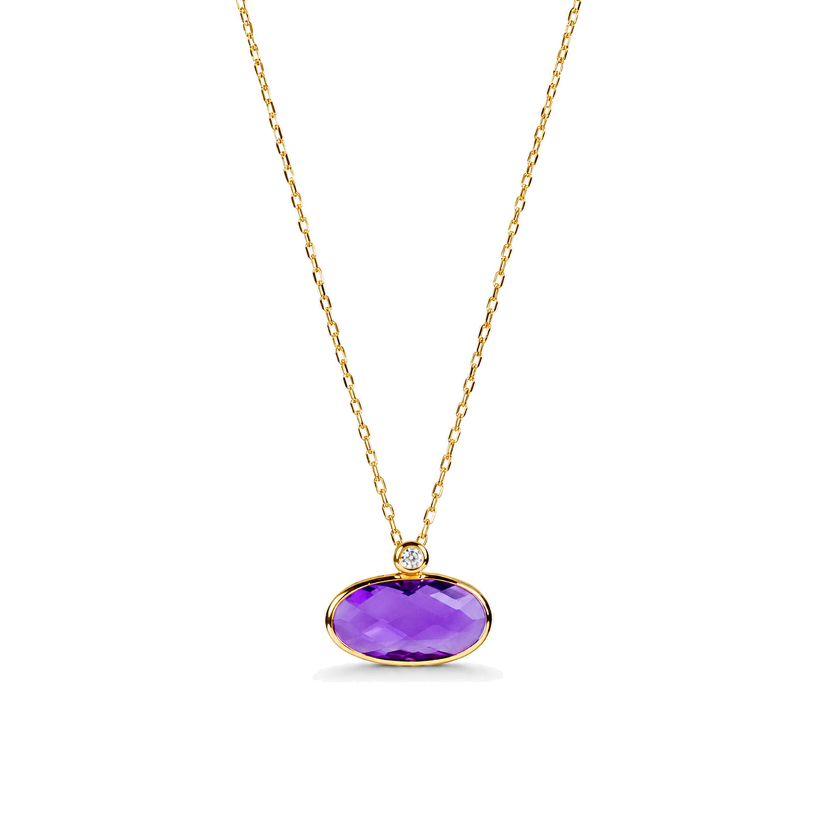 14k Amethyst Oval Bezel With Diamond Pendant Necklace