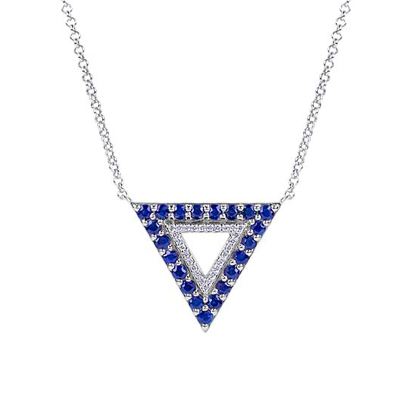 14k White Gold Blue Sapphire VS Diamonds Triangle Pendant Necklace 18"