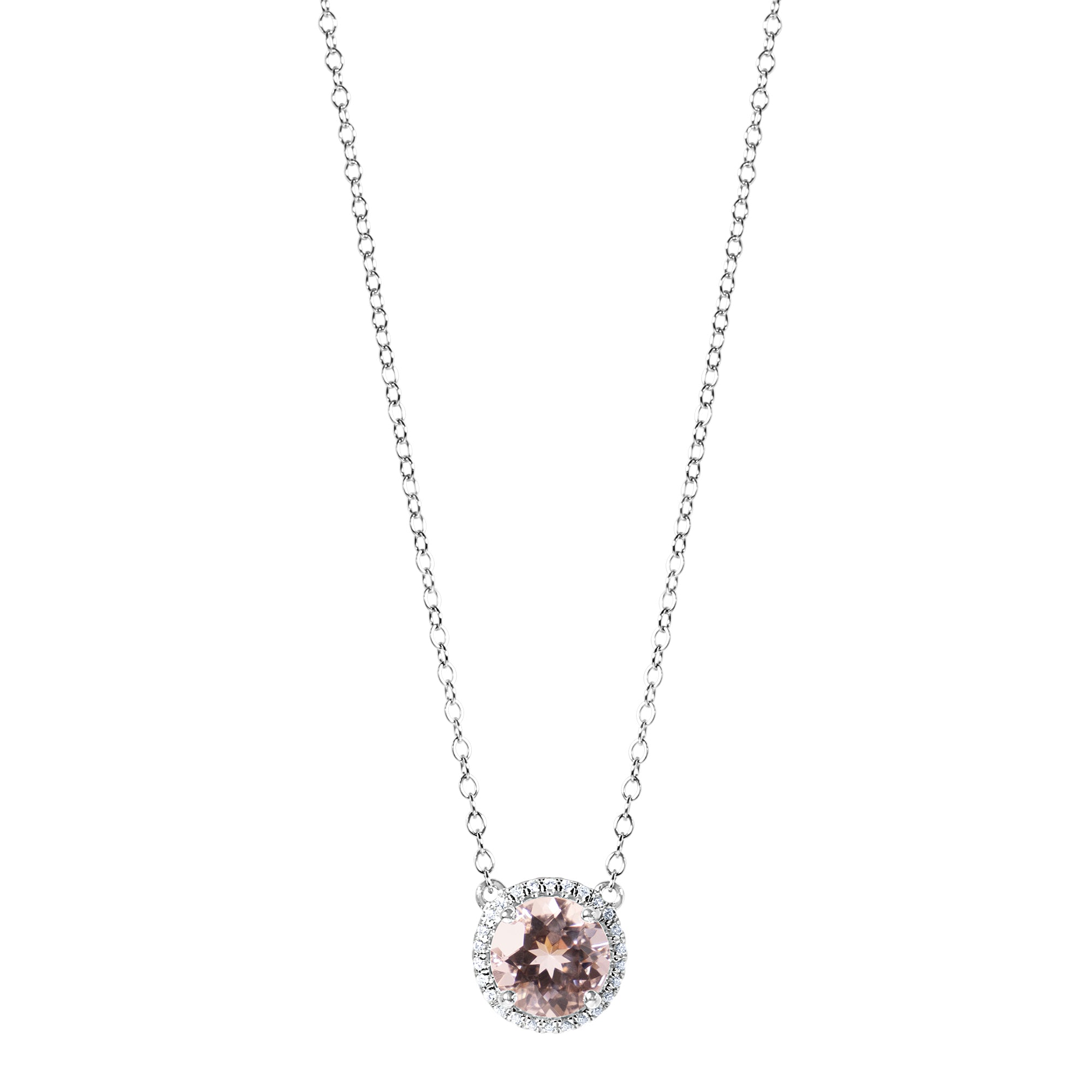 14k White Gold Halo Natural Morganite and Diamonds Necklace