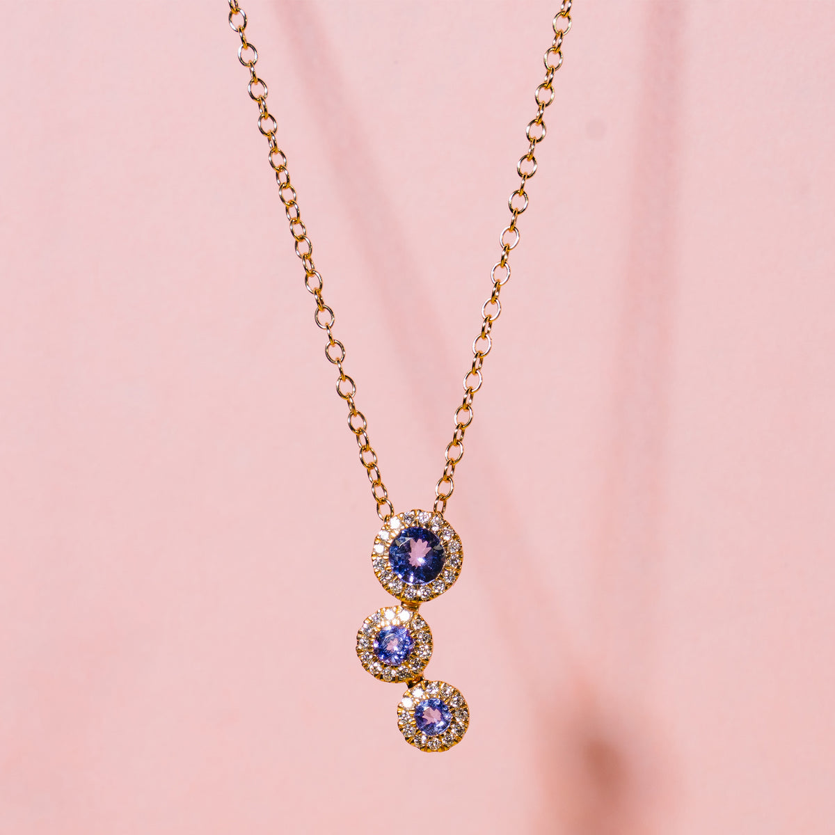 14k Vs Diamond Tanzanite Triple Round Pendant Necklace 18/20"