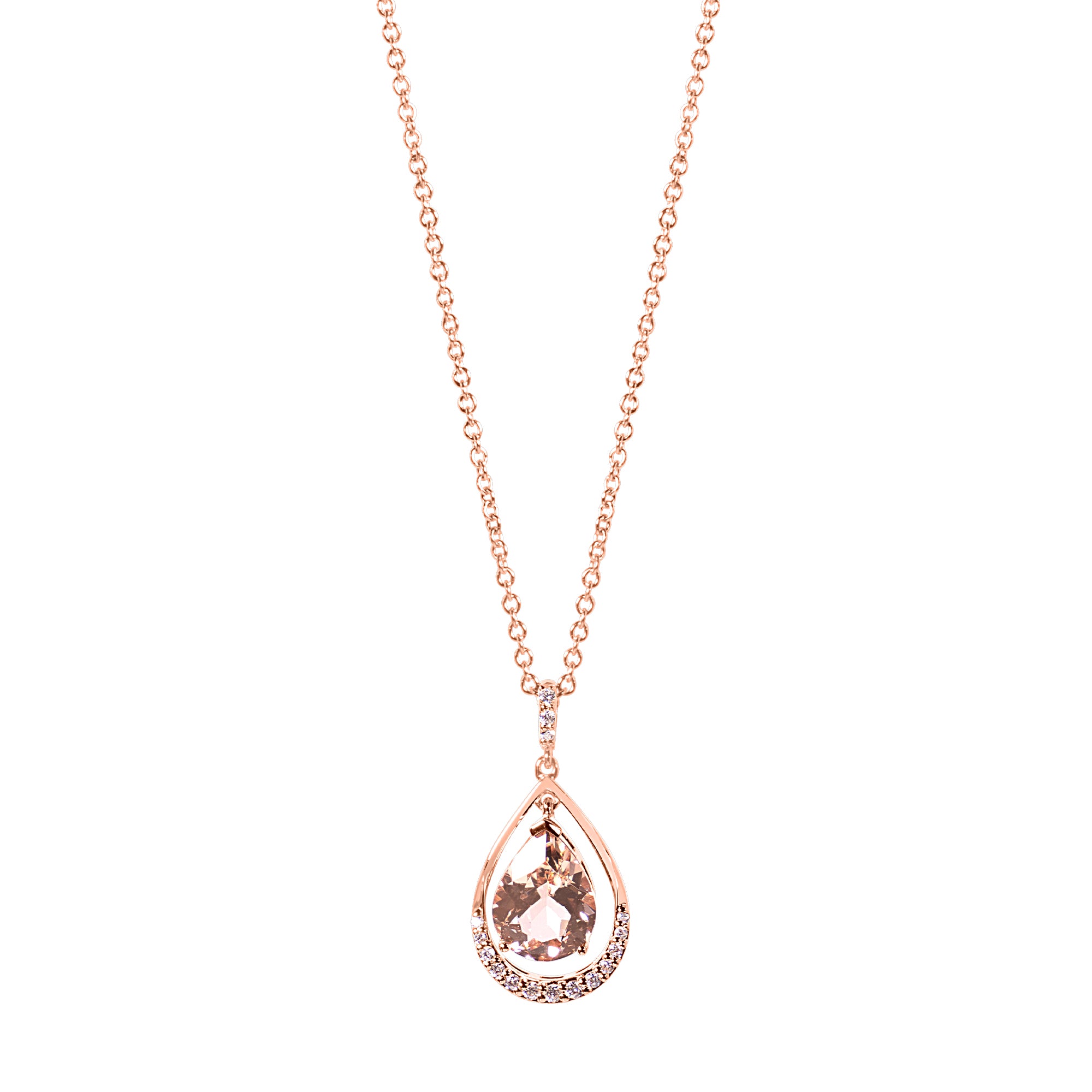 14k Rose Gold VS Diamond Morganite Pear Shape Pendant Necklace