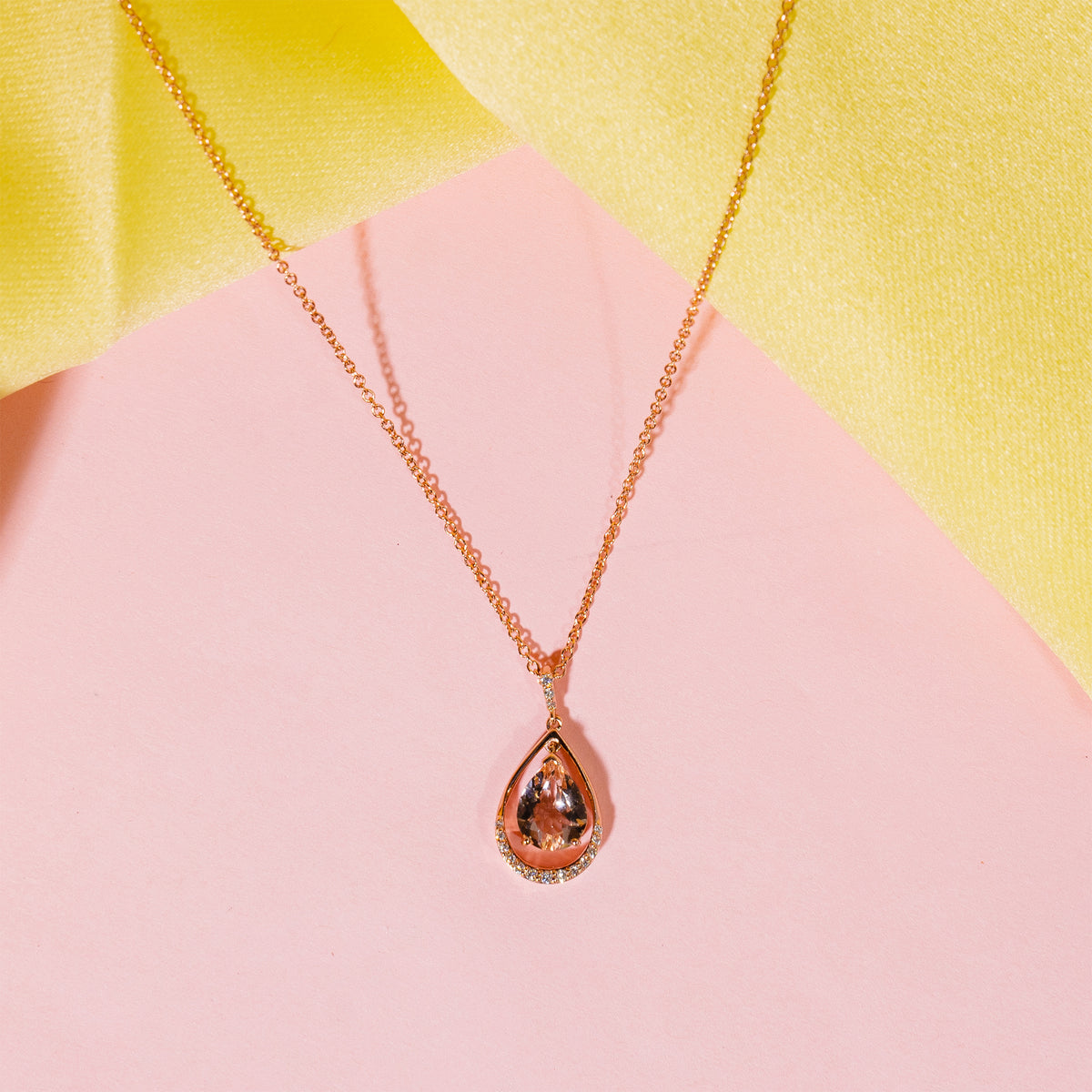 14k Rose Gold VS Diamond Morganite Pear Shape Pendant Necklace