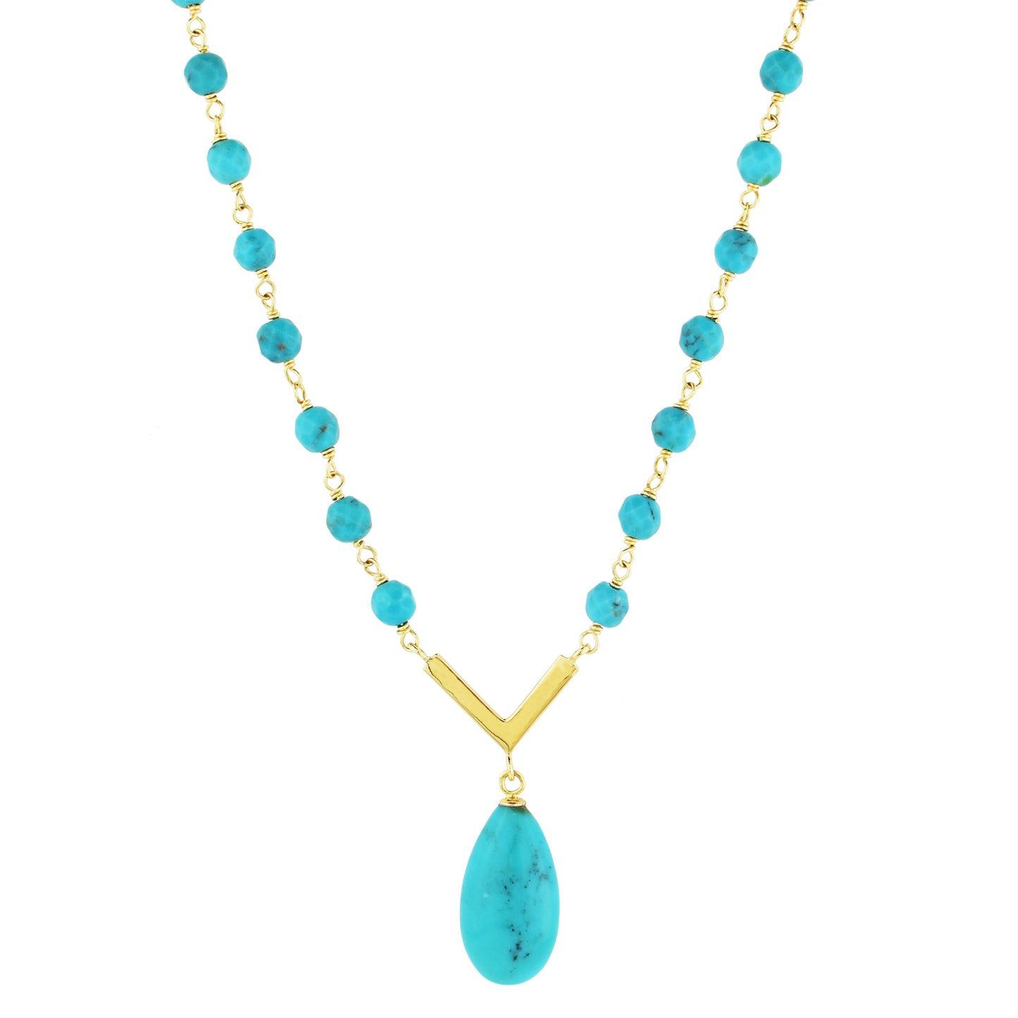 14k Turquoise Faceted Beads and Pear Pendant Necklace 18"