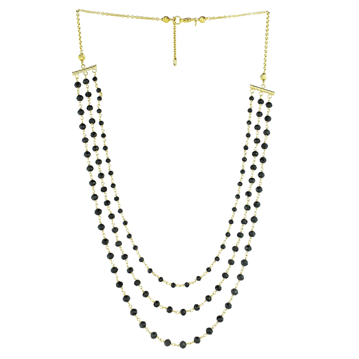 14k Black Spinel Link 3 Row Necklace 17"/18.5"
