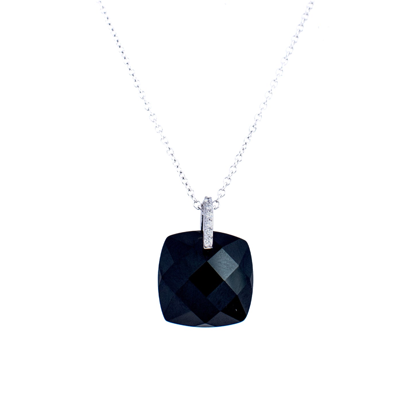 14k White Gold Black Onyx Faceted Cushion VS Diamond Pendant Necklace 18"