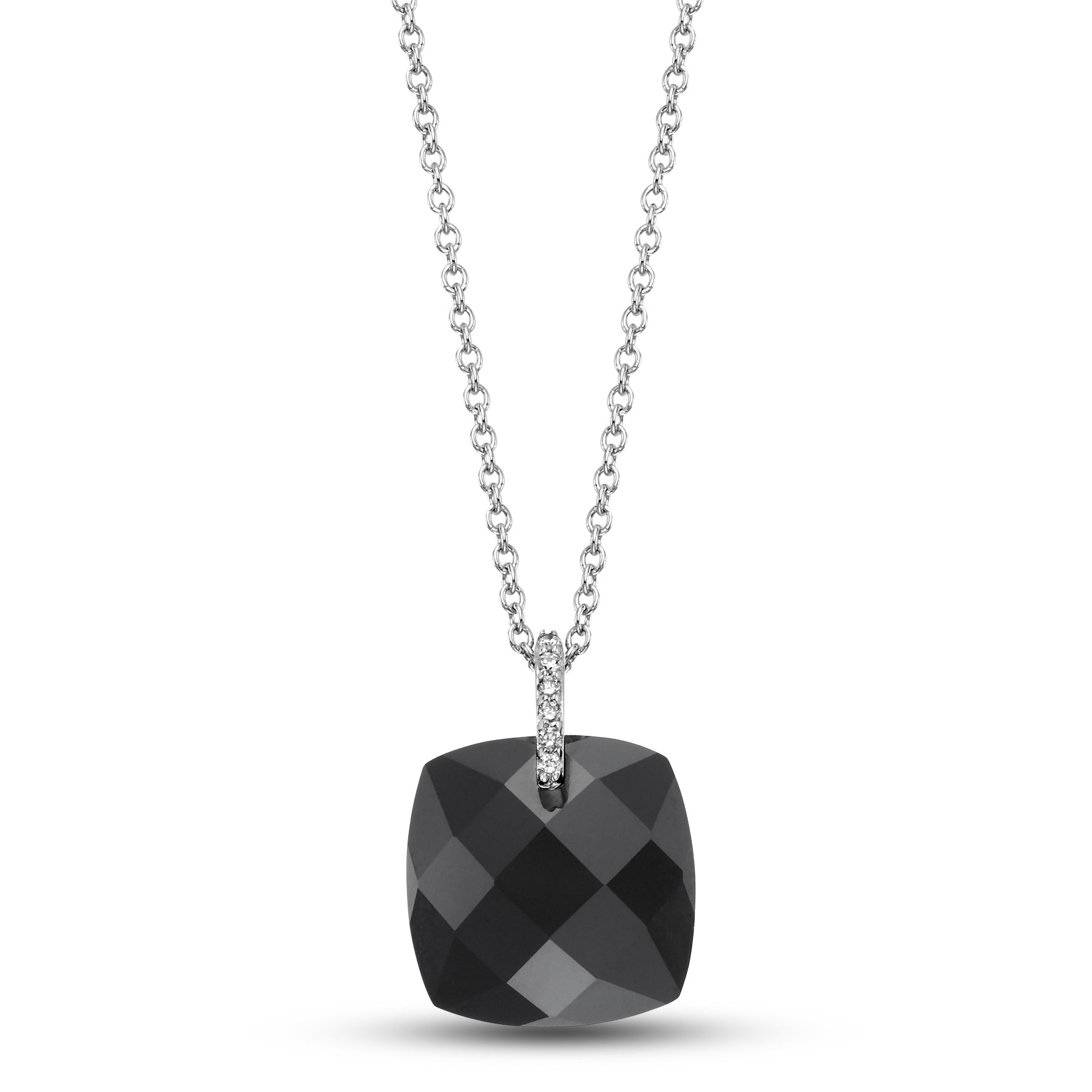 14k White Gold Black Onyx Faceted Cushion VS Diamond Pendant Necklace 18"