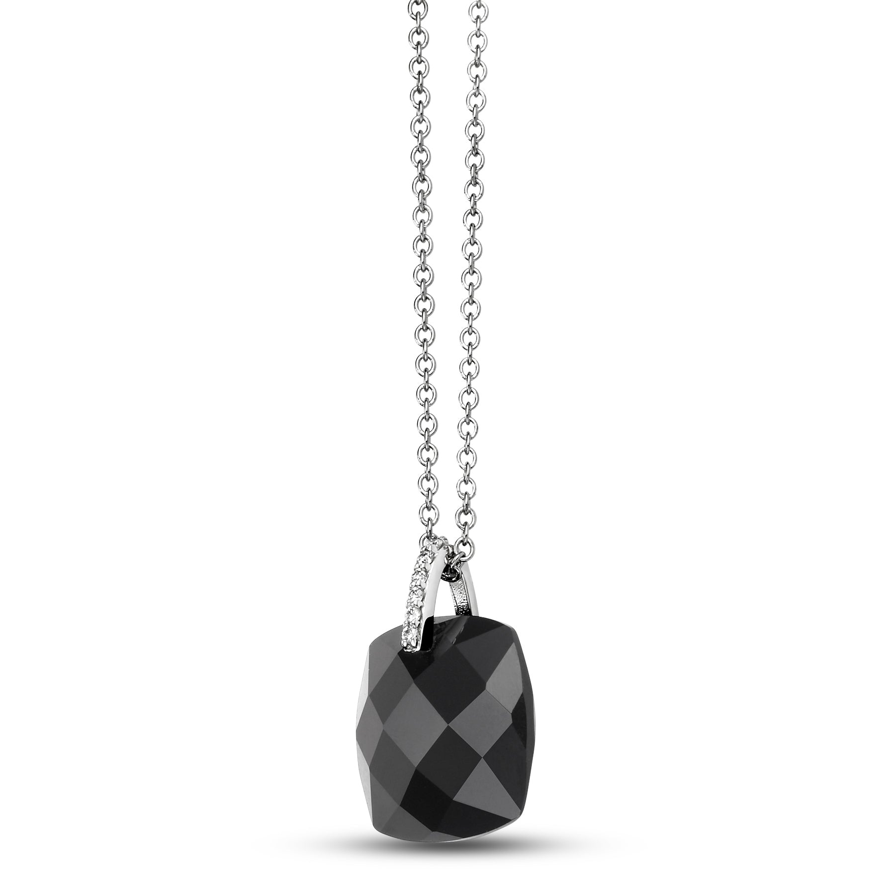14k White Gold Black Onyx Faceted Cushion VS Diamond Pendant Necklace 18"