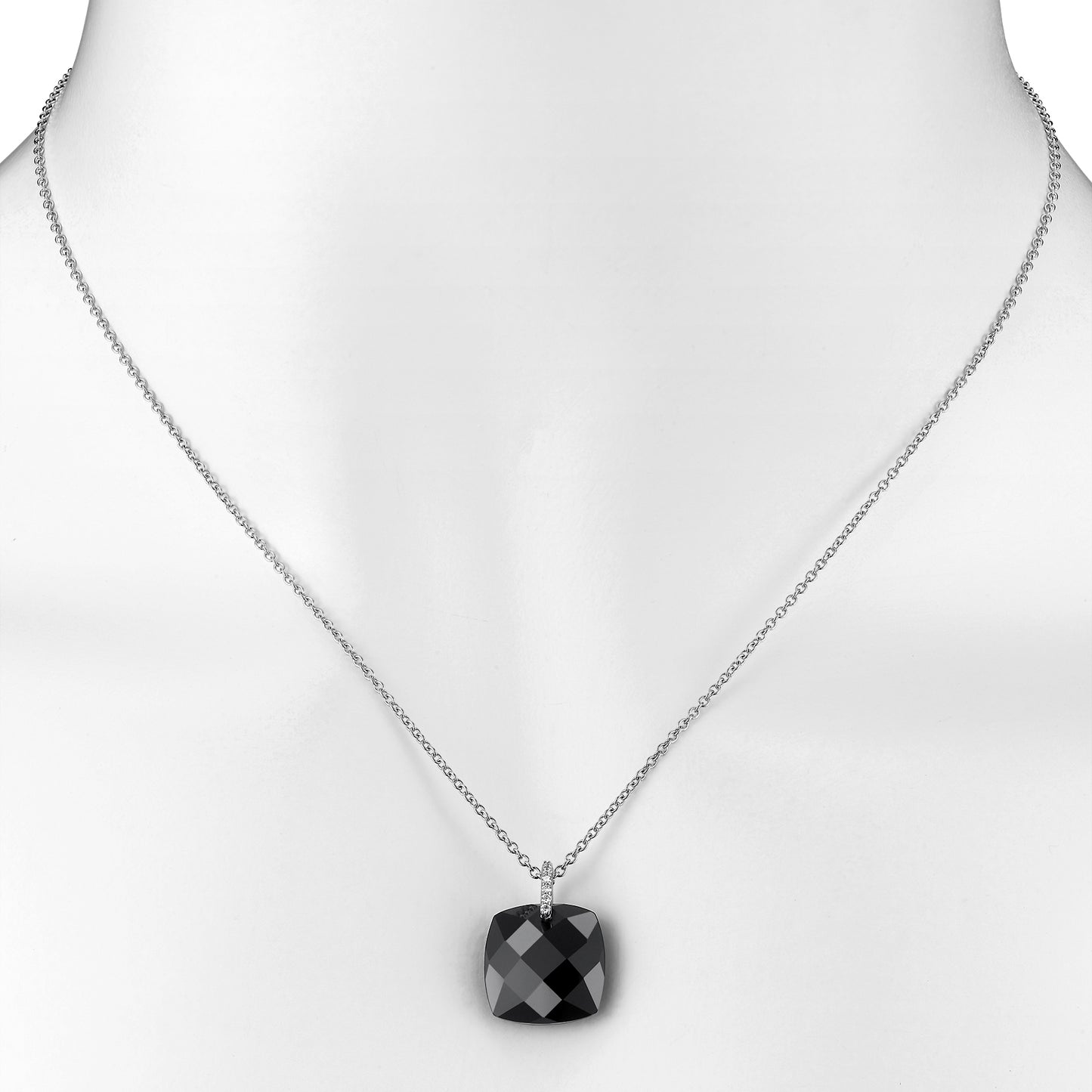 14k White Gold Black Onyx Faceted Cushion VS Diamond Pendant Necklace 18"