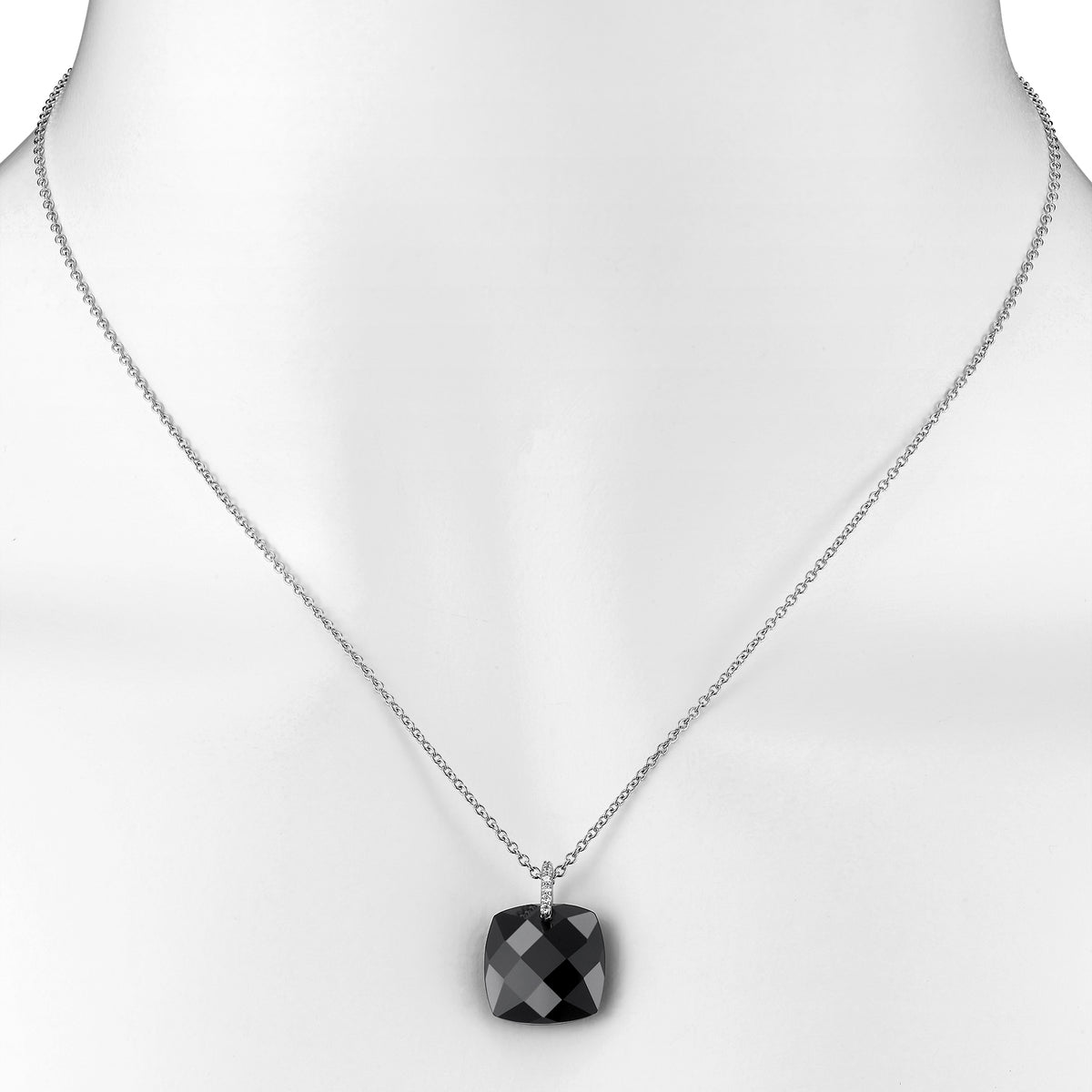 14k White Gold Black Onyx Faceted Cushion VS Diamond Pendant Necklace 18"