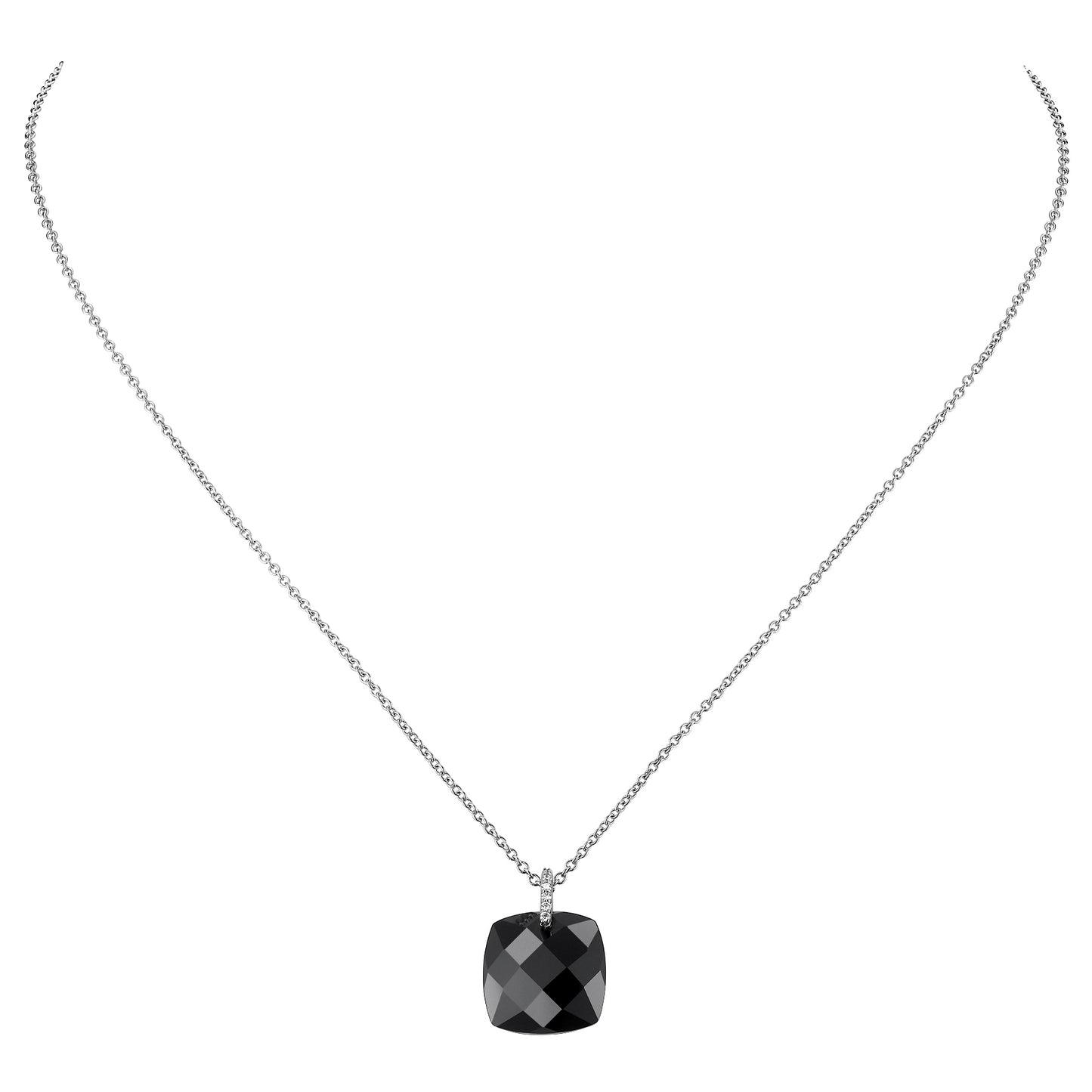 14k White Gold Black Onyx Faceted Cushion VS Diamond Pendant Necklace 18"