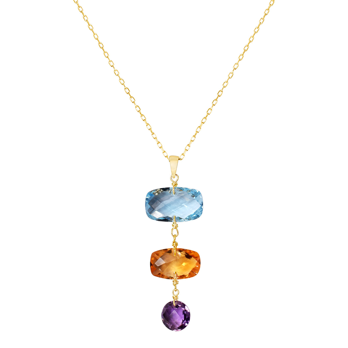 14k Blue Topaz, Citrine, and Amethyst Link Pendant Necklace 17"