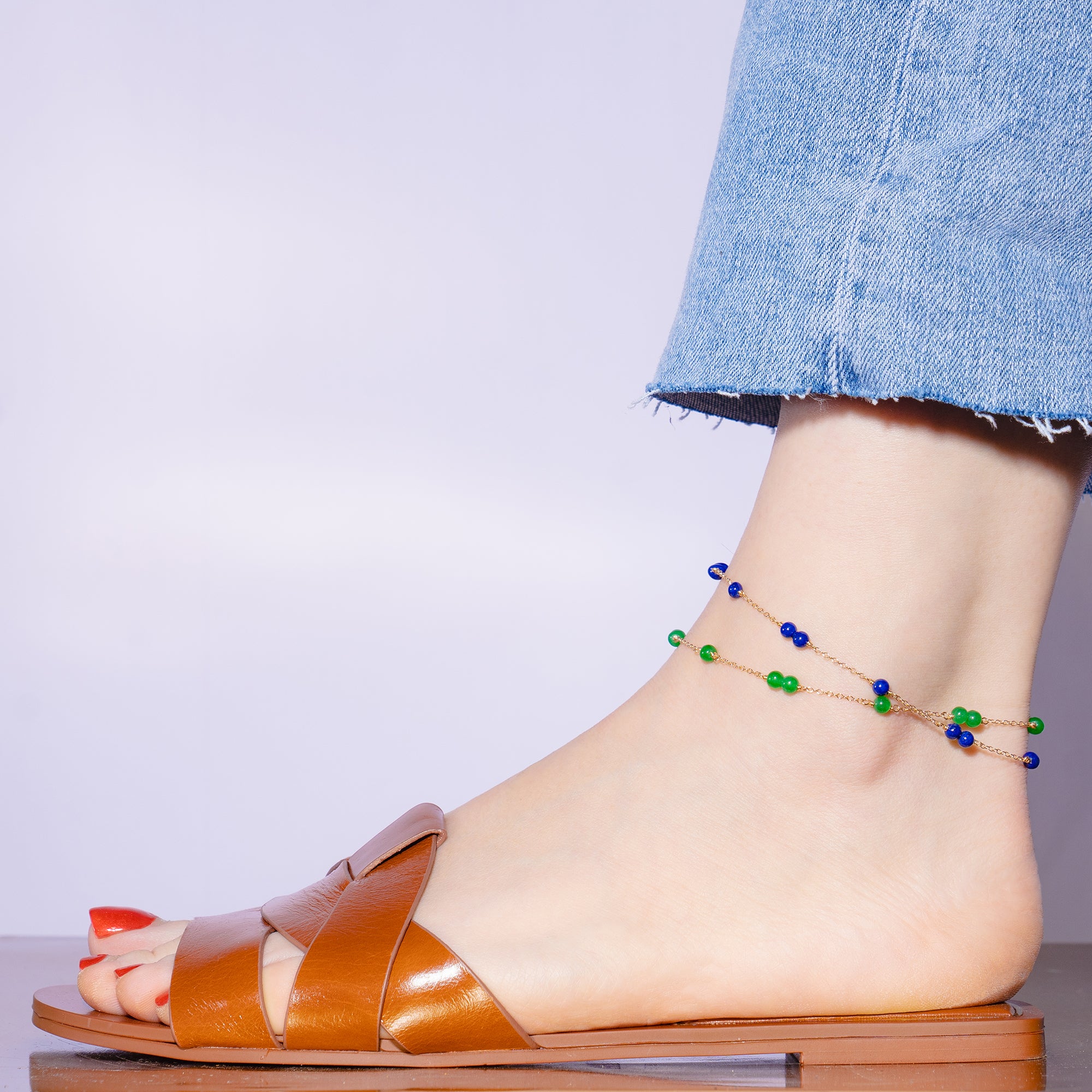 14k Station Link Beaded Anklet Lapis