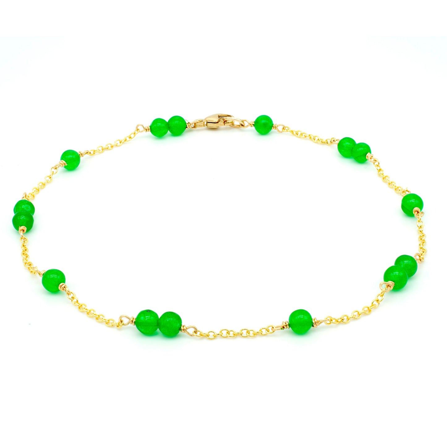 14k Station Link Beaded Anklet Green Jade