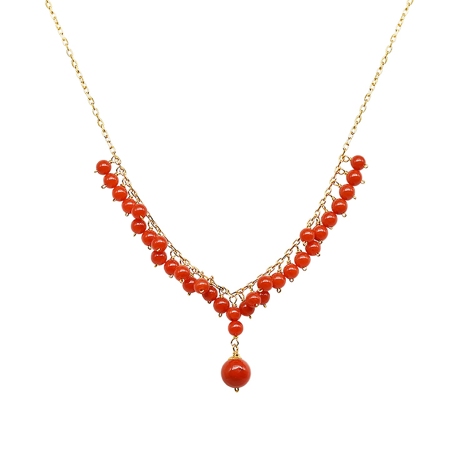 14k Red Coral Cluster Necklace 17"