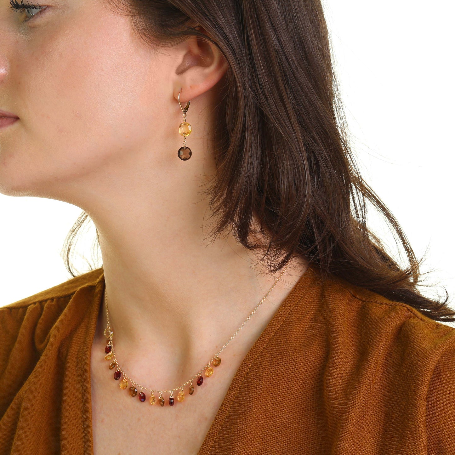 14k Garnet, Whisky & Lemon Quartz Coin Necklace 17"