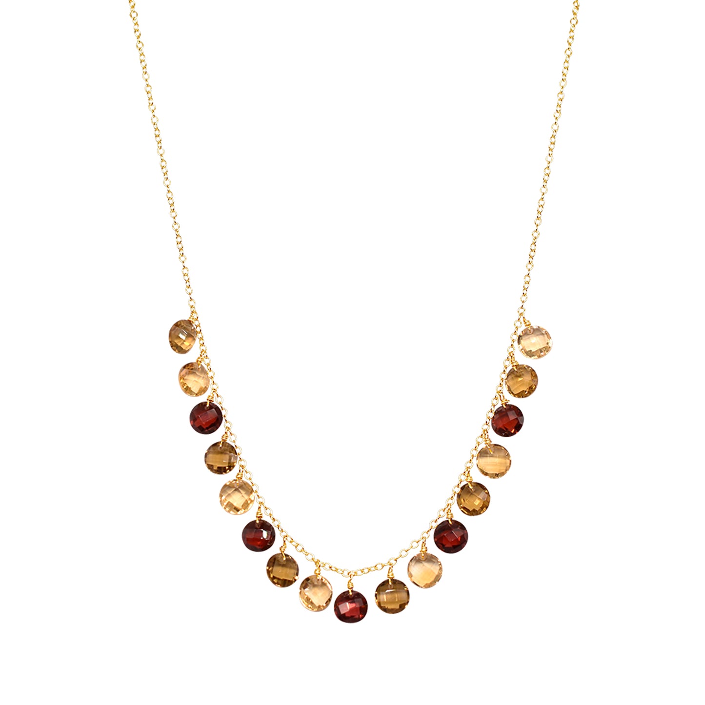 14k Garnet, Whisky & Lemon Quartz Coin Necklace 17"