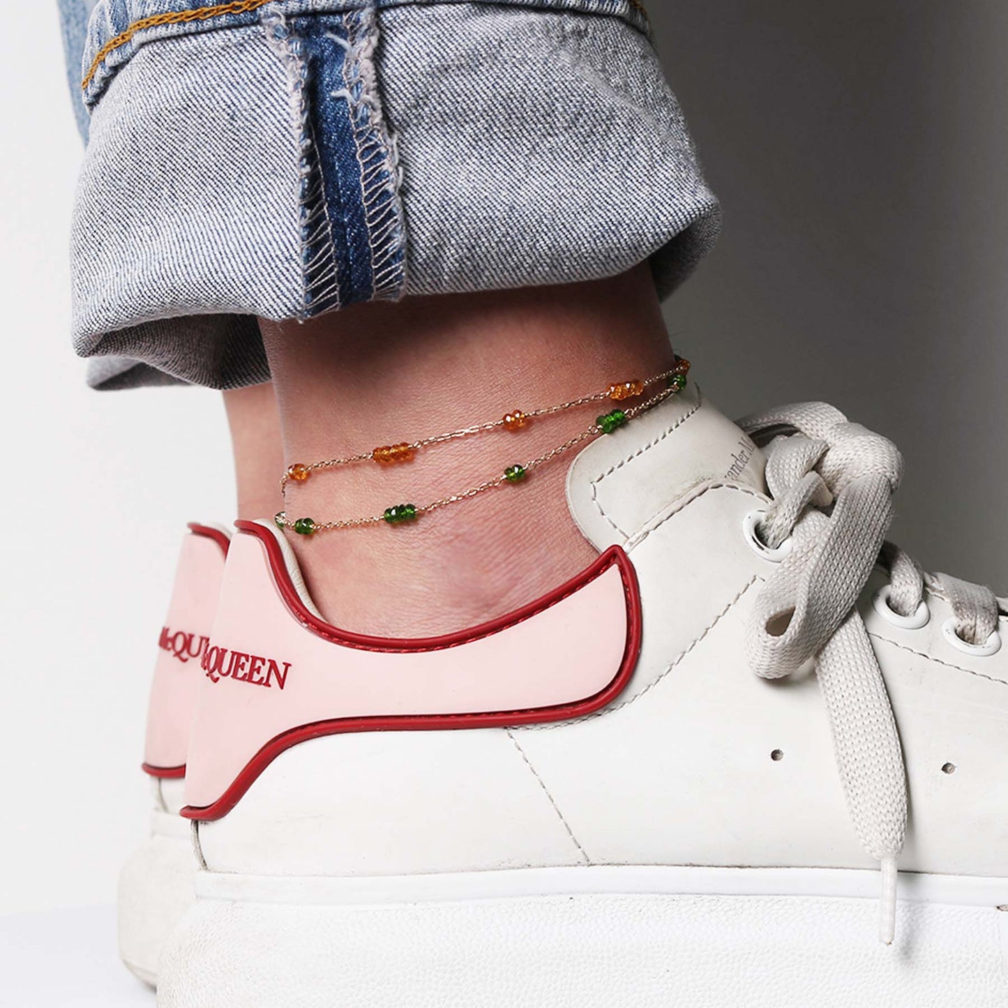 14k Station Link Beaded Anklet Chrome Diopside