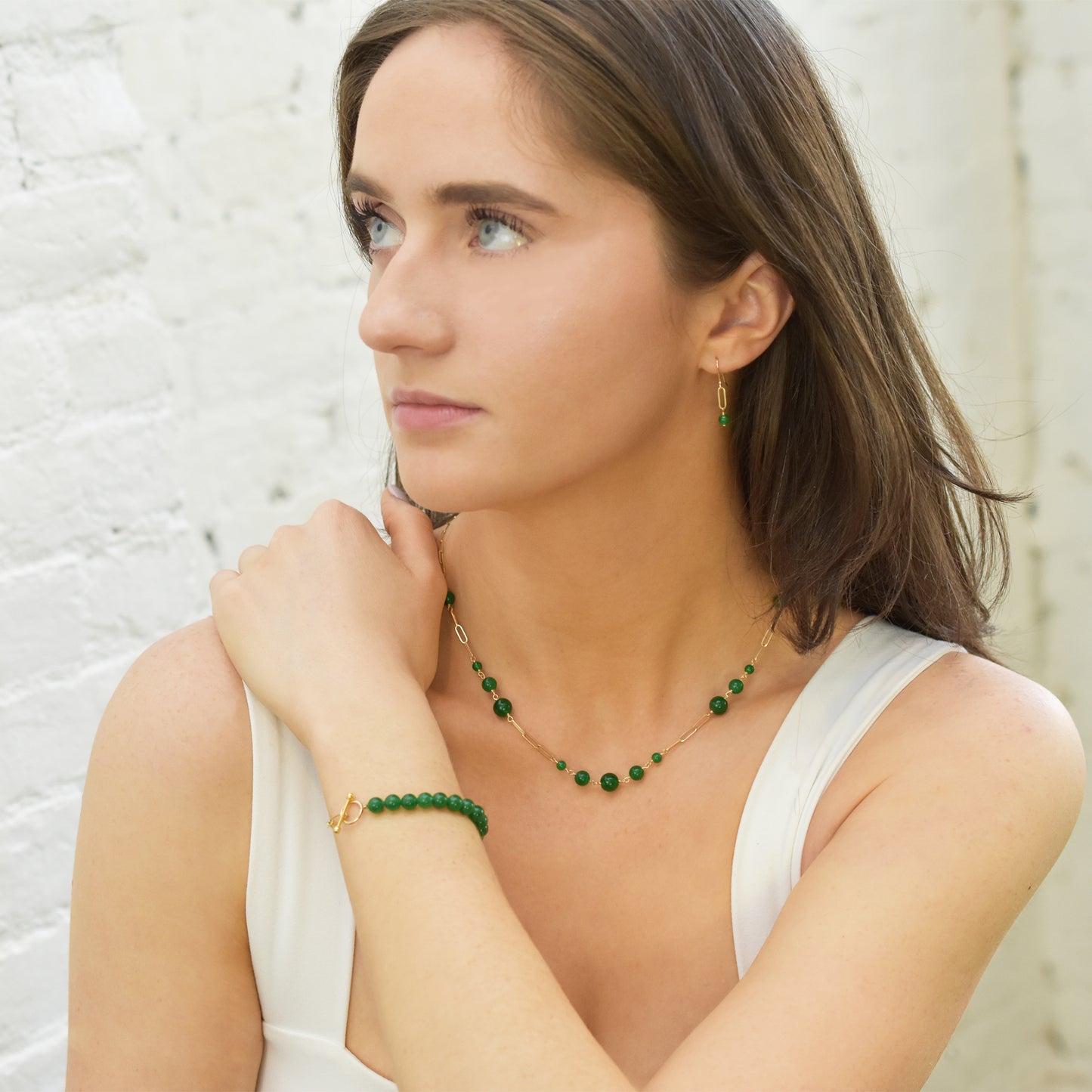 14k Green Jade Paperclip Station Necklace 18"