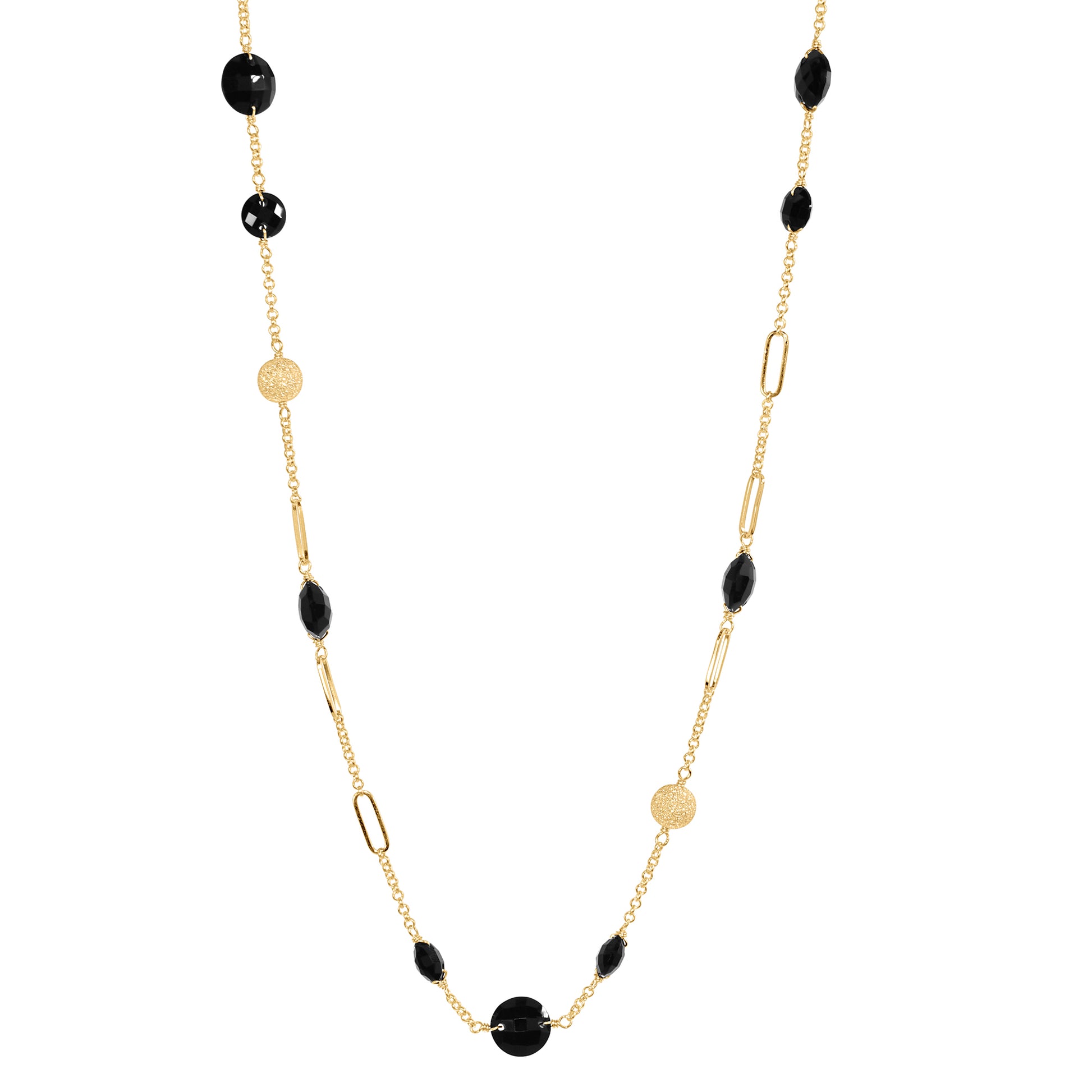 14k Coin Gemstone Fancy Station Necklace 18" Black Onyx