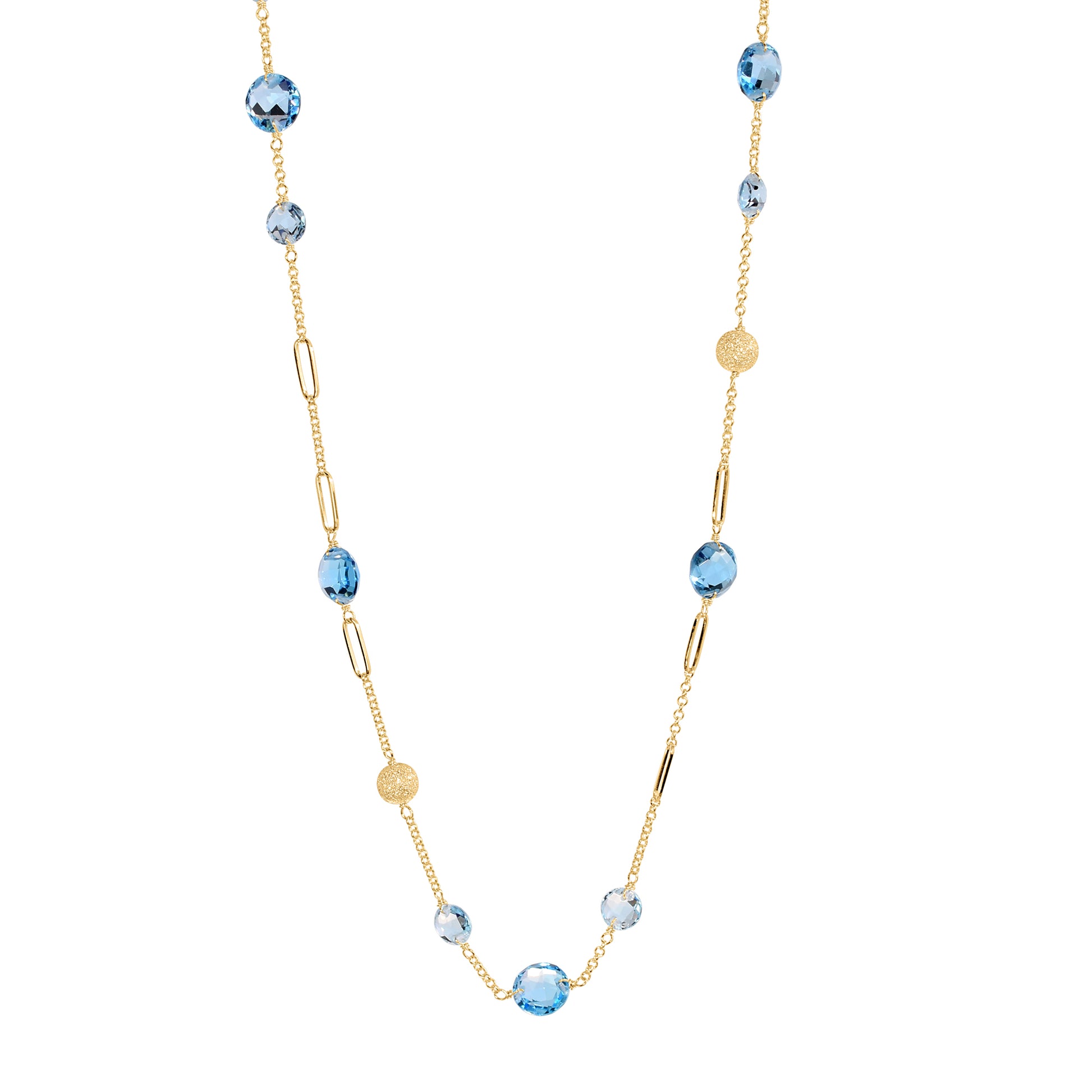 14k Coin Gemstone Fancy Station Necklace 18" Blue Topaz