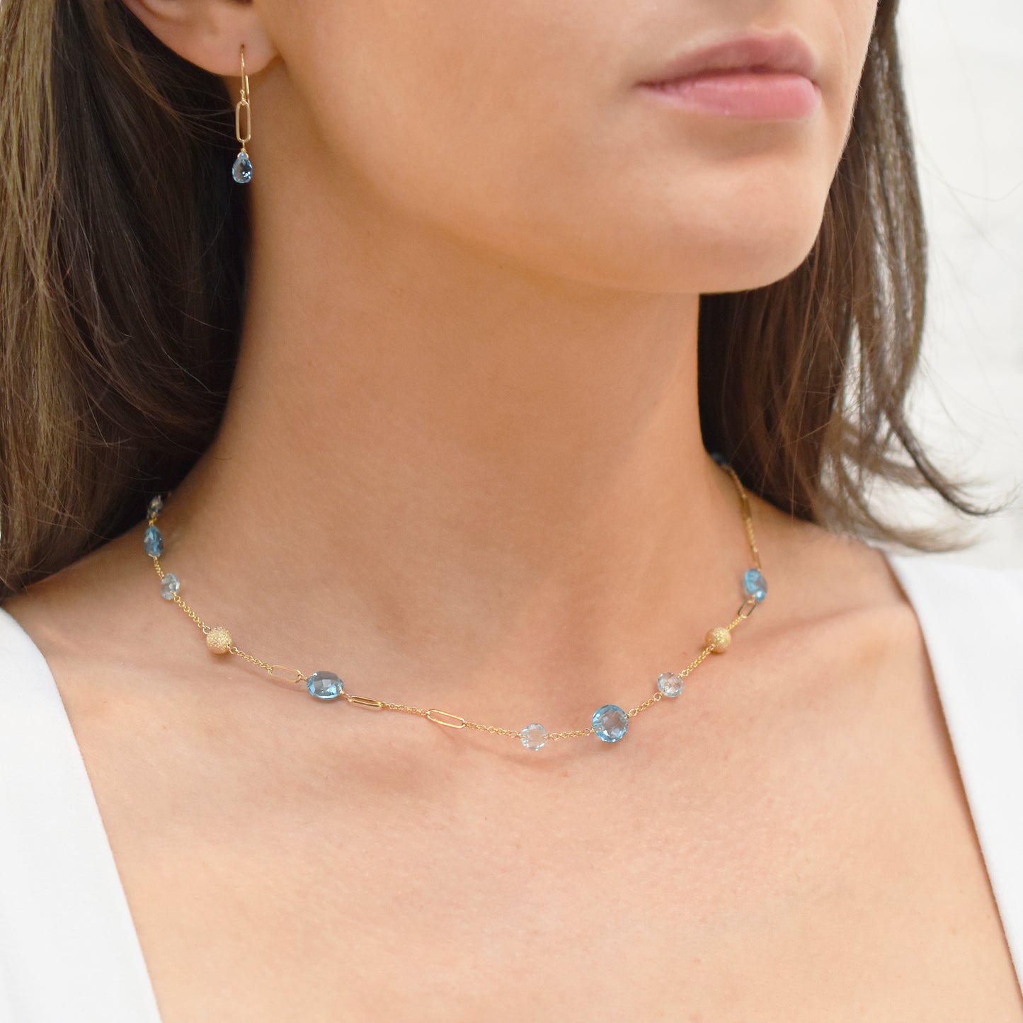 14k Coin Gemstone Fancy Station Necklace 18" Blue Topaz