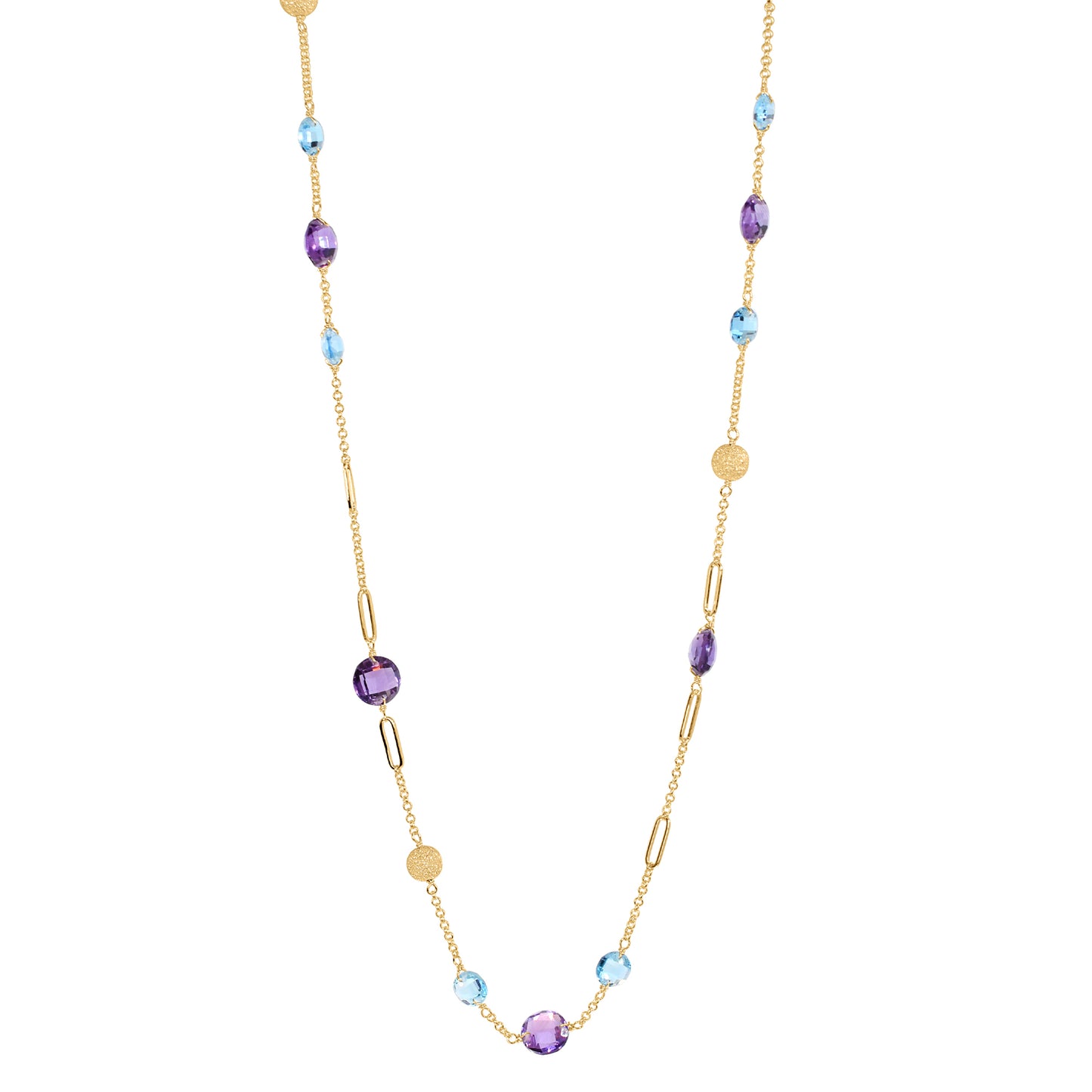14k Coin Gemstone Fancy Station Necklace 18" Amethyst & Swiss Blue Topaz