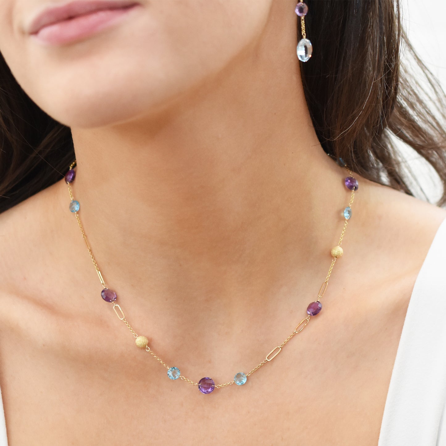 14k Coin Gemstone Fancy Station Necklace 18" Amethyst & Swiss Blue Topaz