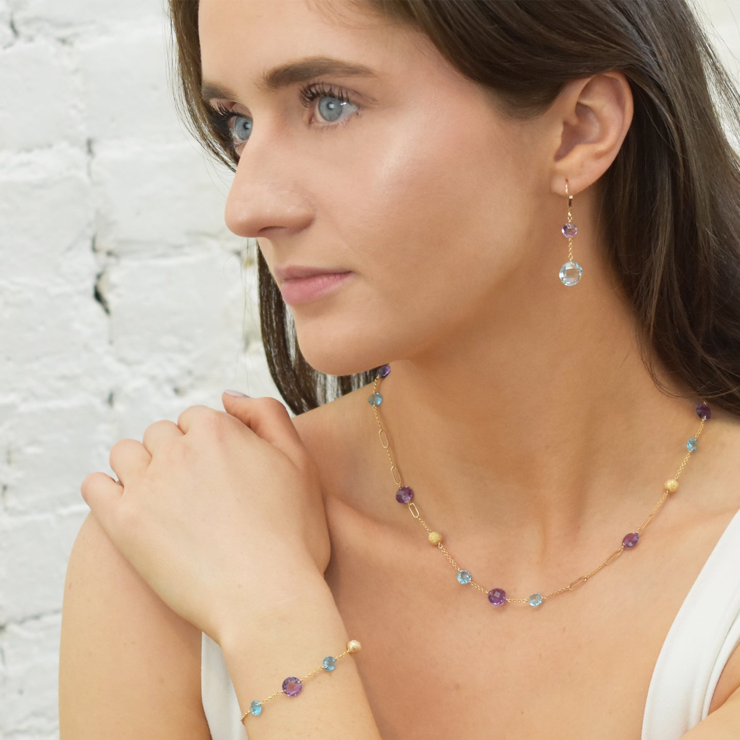 14k Coin Gemstone Fancy Station Necklace 18" Amethyst & Swiss Blue Topaz