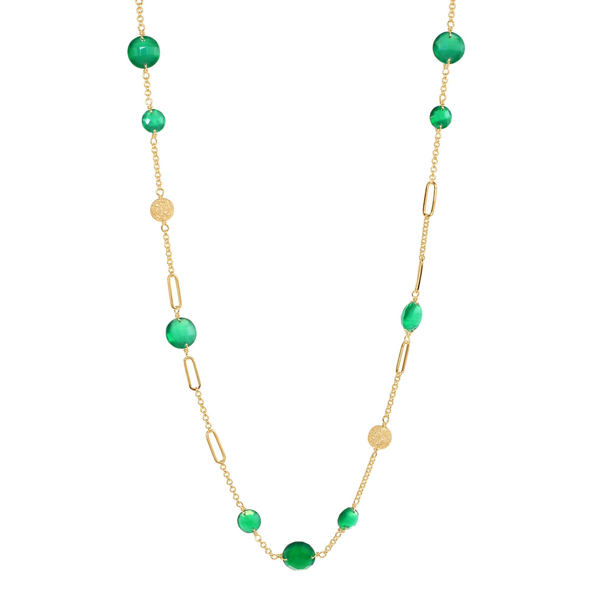 14k Coin Gemstone Fancy Station Necklace 18" Green Onyx