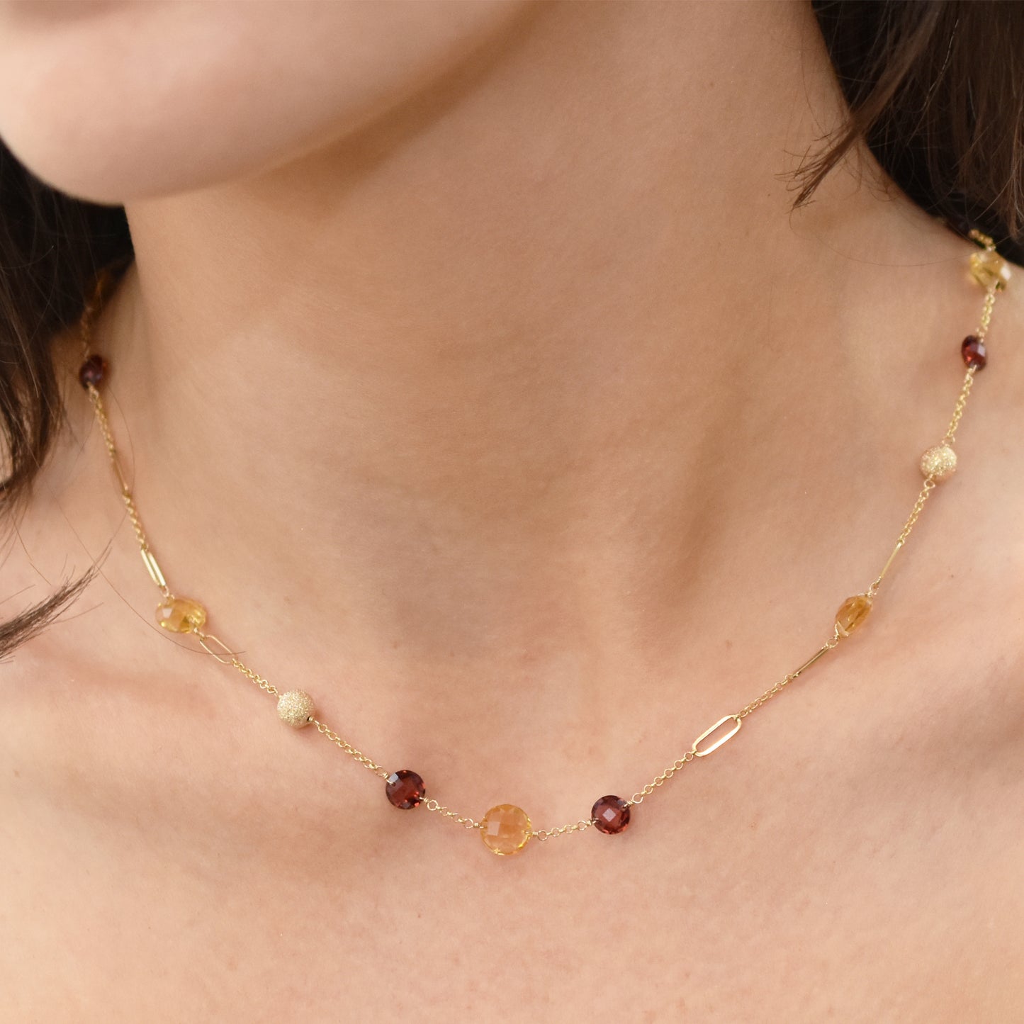 14k Coin Gemstone Fancy Station Necklace 18" Citrine & Garnet
